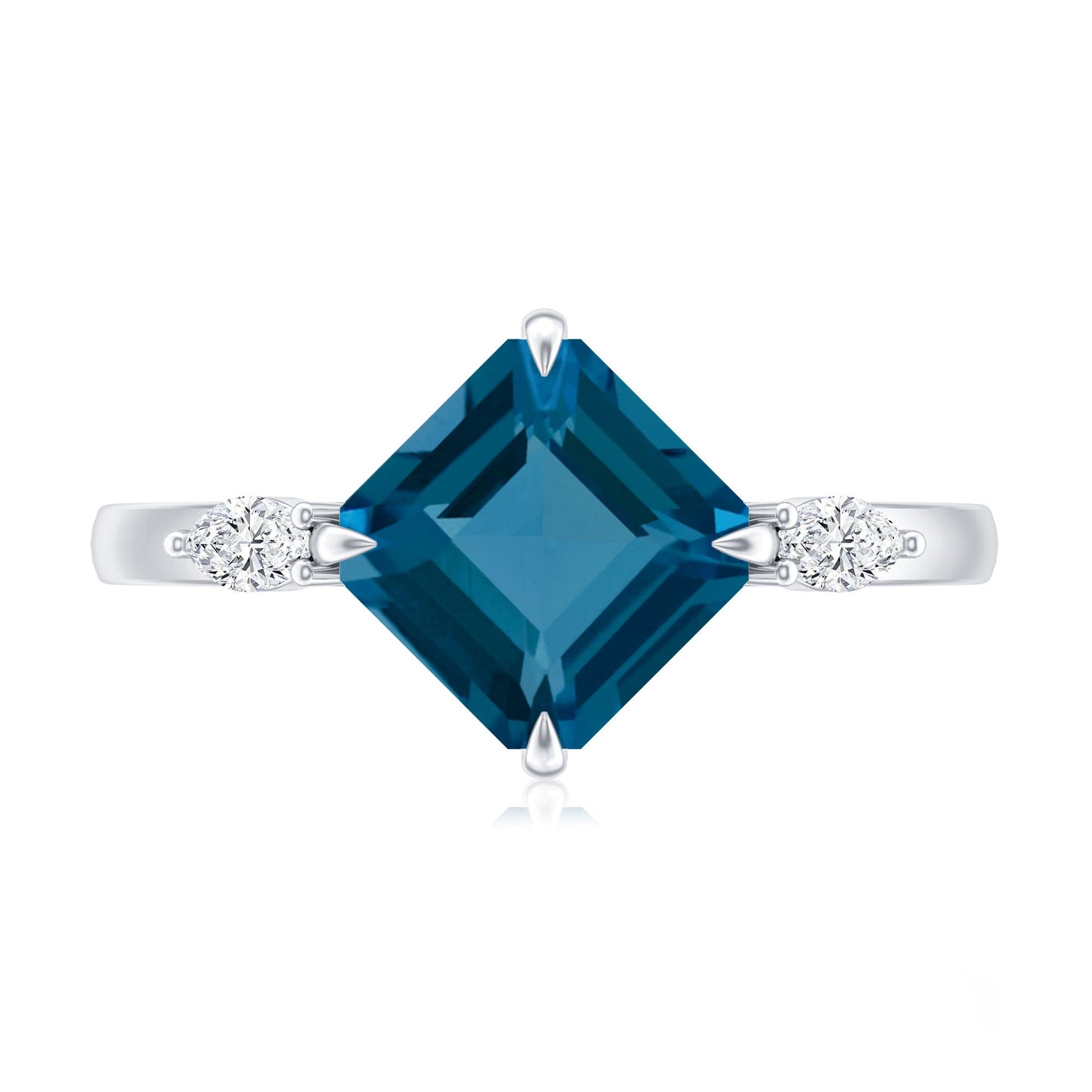 8mm Asscher Cut London Blue Topaz Diagonal Solitaire Ring with Marquise Diamond