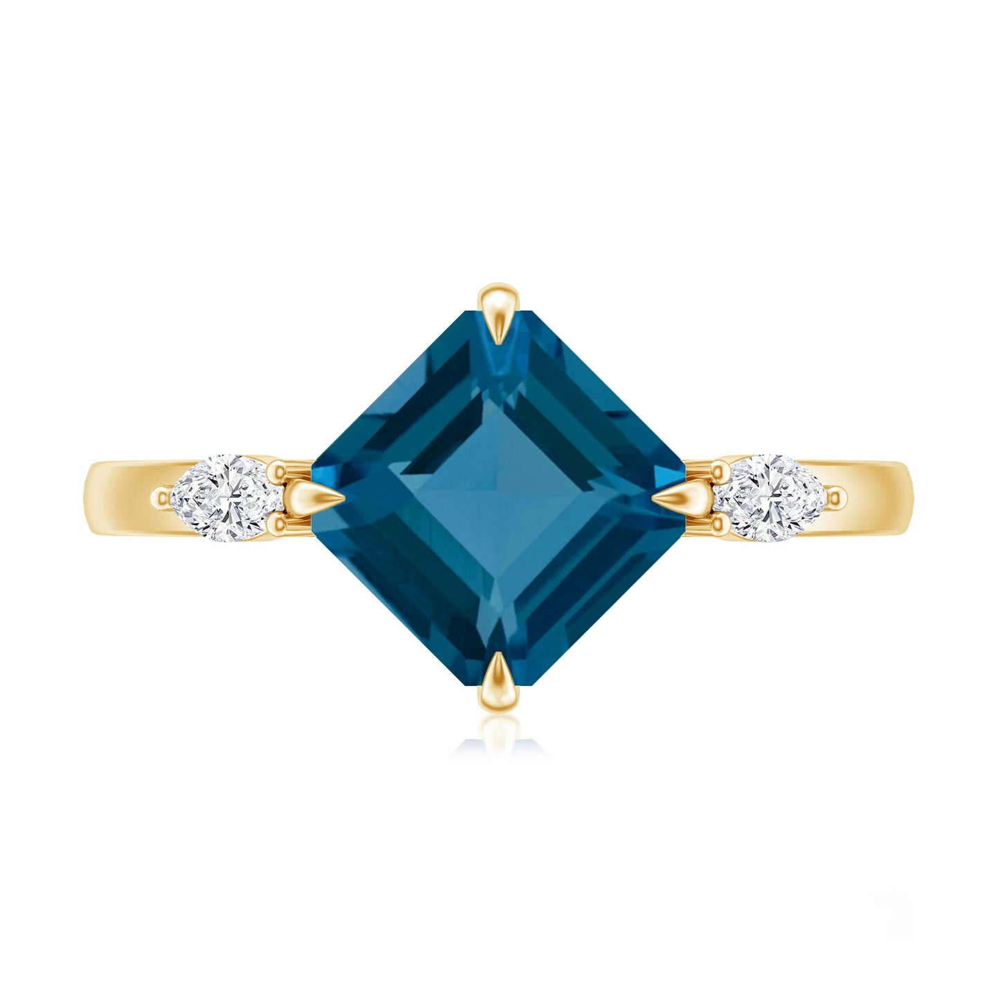 8mm Asscher Cut London Blue Topaz Diagonal Solitaire Ring with Marquise Diamond
