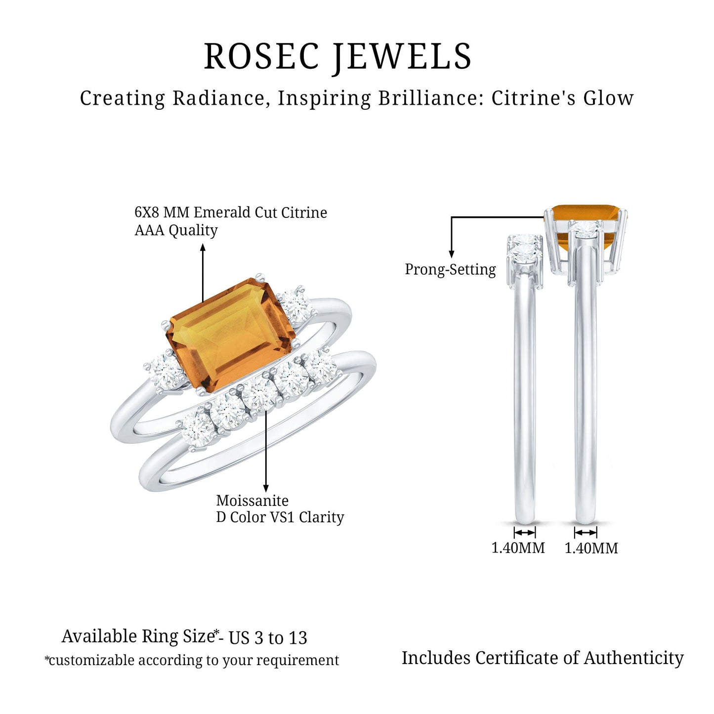 Certified Real Emerald Cut Citrine Wedding Engagement Ring Set with Moissanite