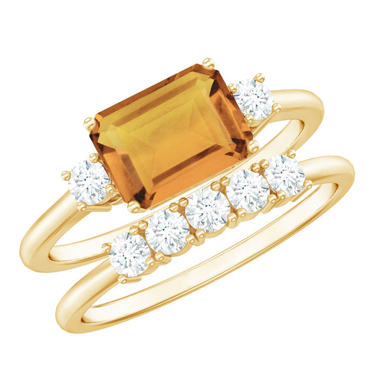 Certified Real Emerald Cut Citrine Wedding Engagement Ring Set with Moissanite