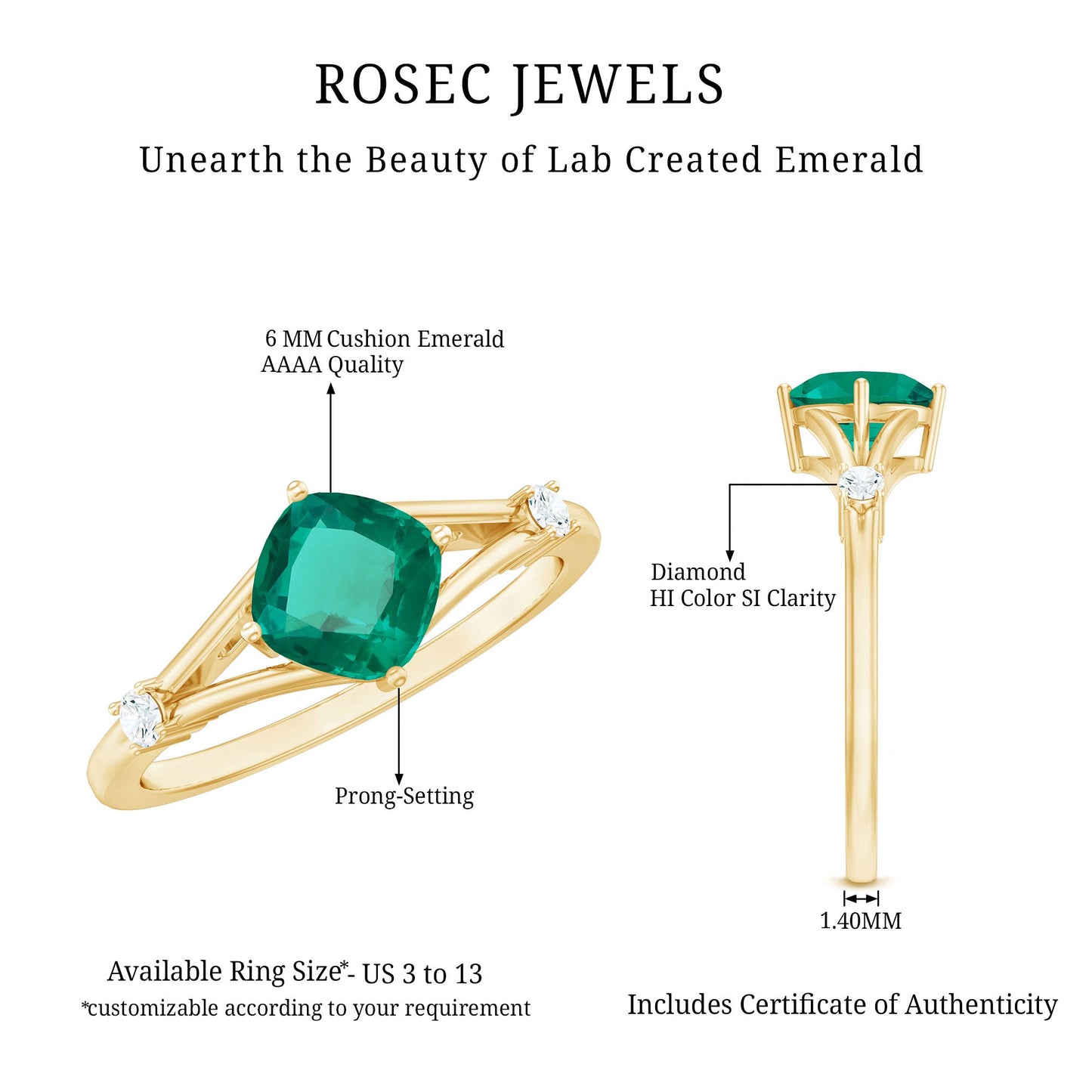 Certified 6 mm Cushion Cut Lab Grown Emerald Diamond Engagement Ring with Split Shank