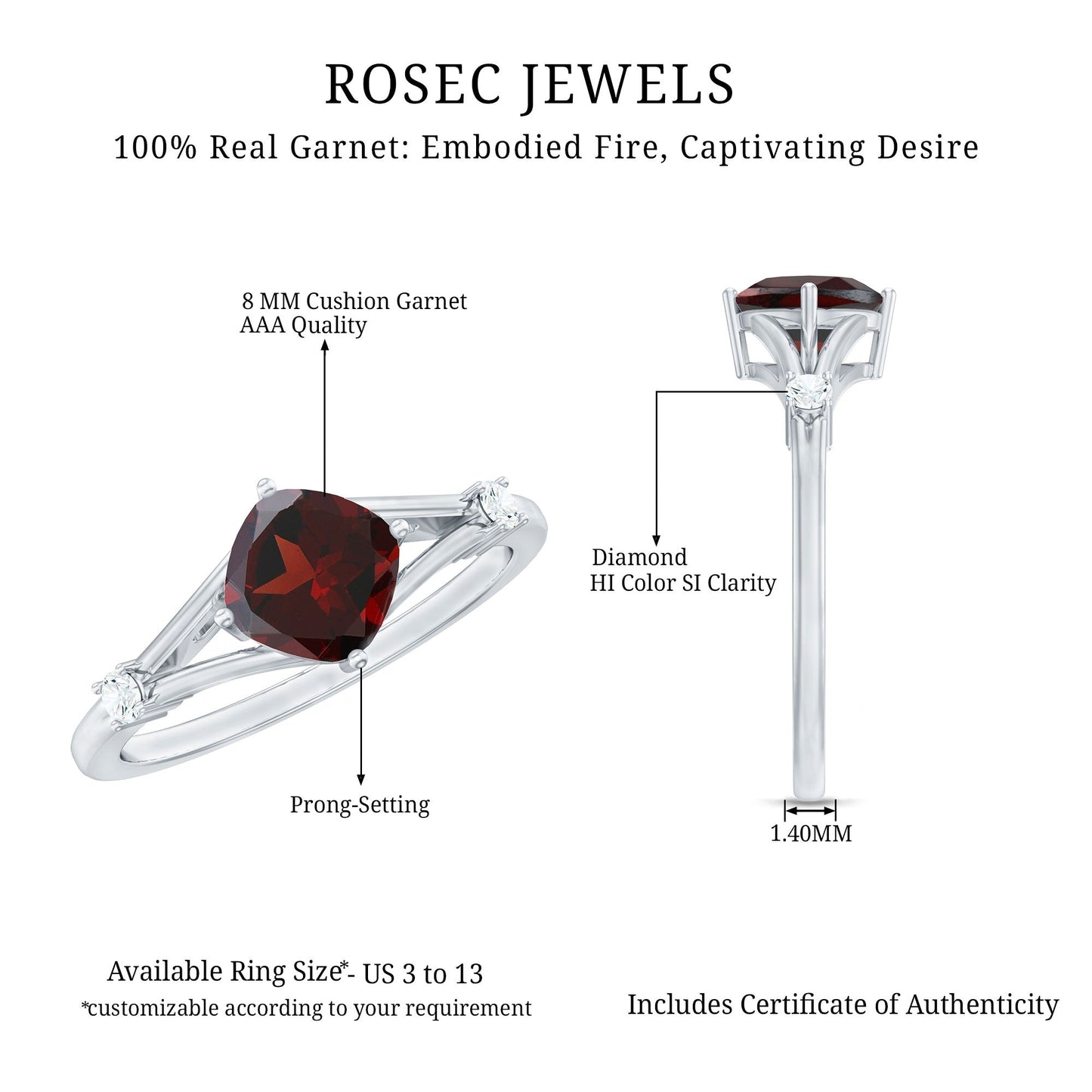 Genuine 8mm Garnet Diamond Cushion Cut Engagement Ring with Split Shank