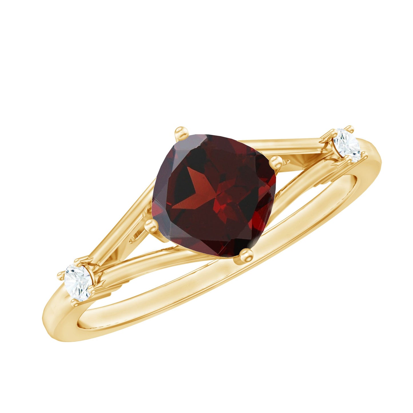 Genuine 8mm Garnet Diamond Cushion Cut Engagement Ring with Split Shank