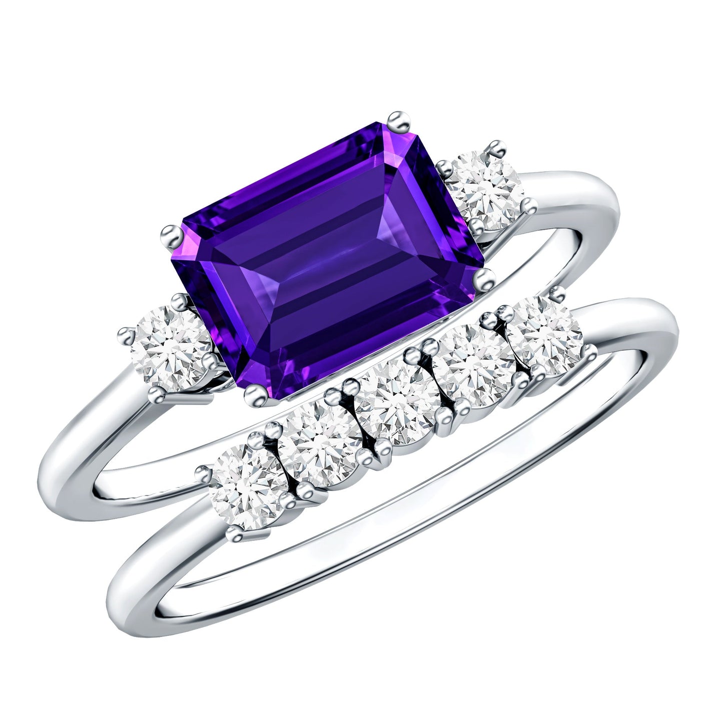 Octagon Cut Amethyst Contemporary Wedding Ring Set with Diamond