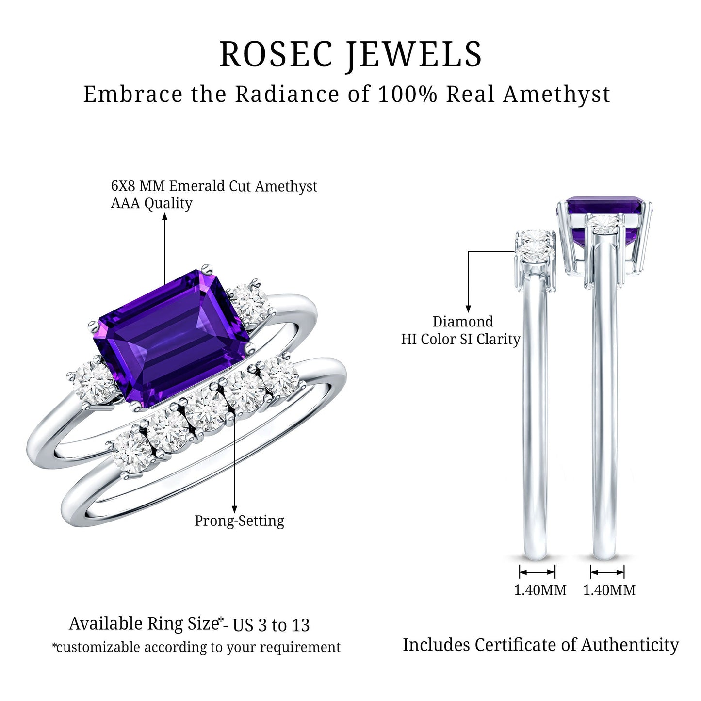 Octagon Cut Amethyst Contemporary Wedding Ring Set with Diamond