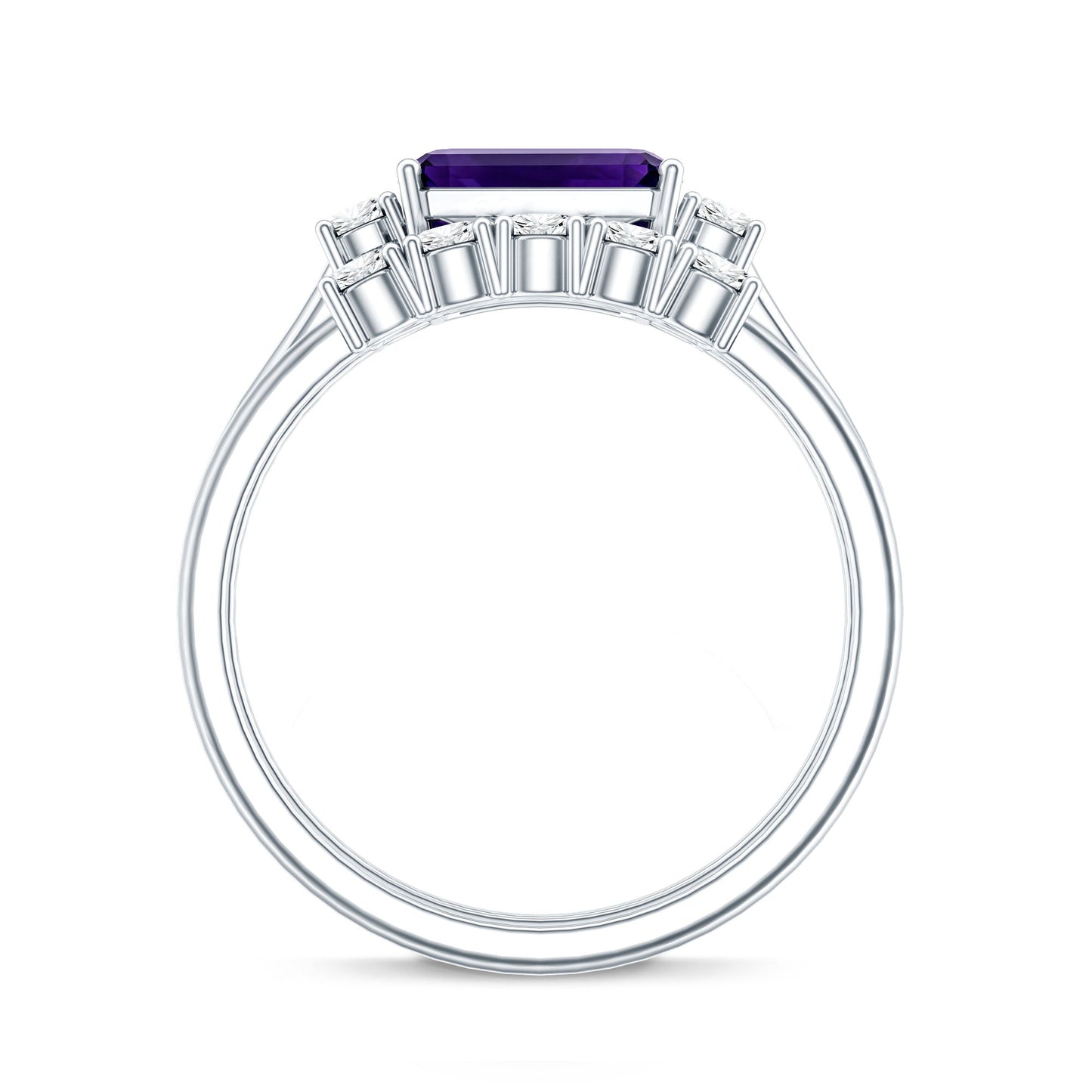 Octagon Cut Amethyst Contemporary Wedding Ring Set with Diamond