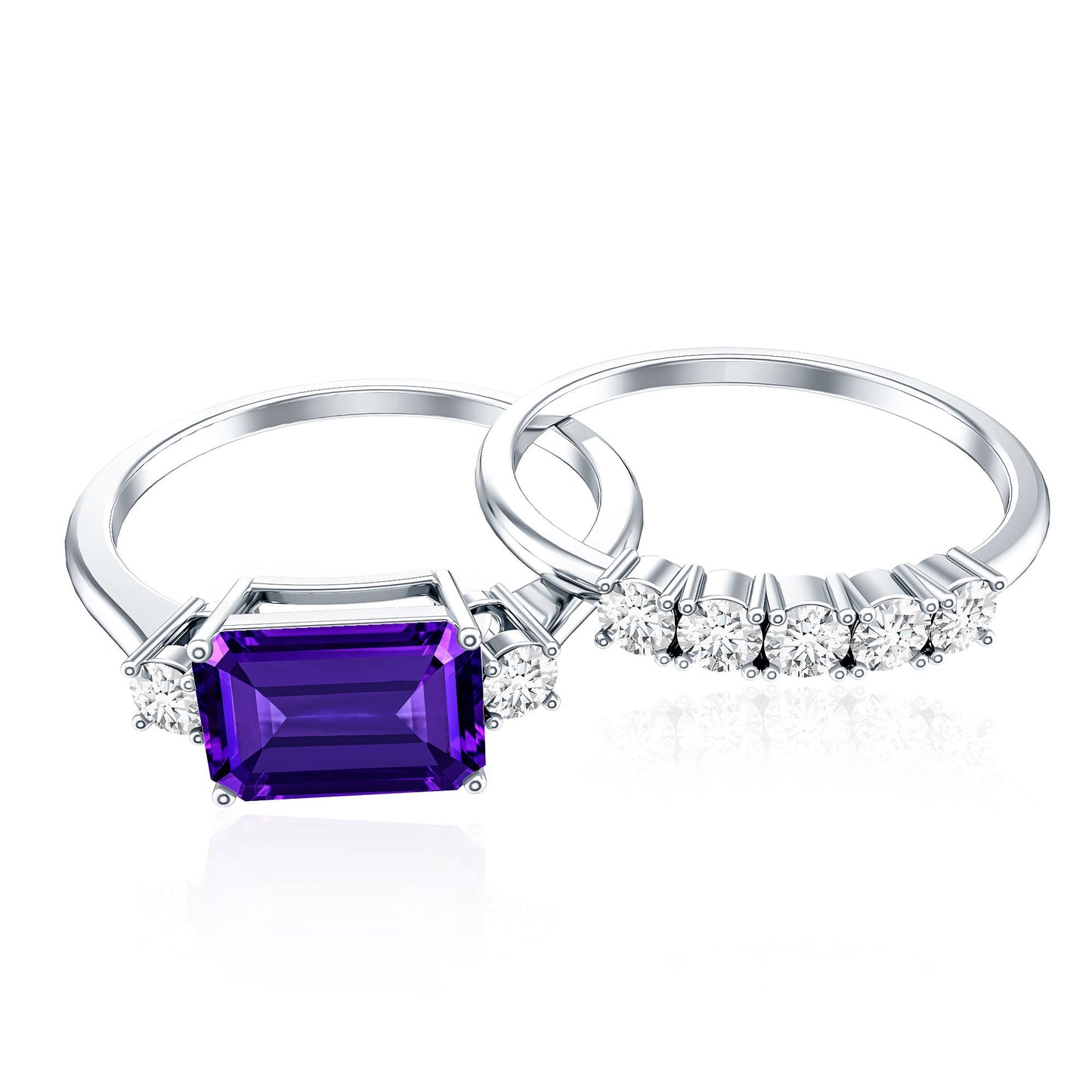 Octagon Cut Amethyst Contemporary Wedding Ring Set with Diamond