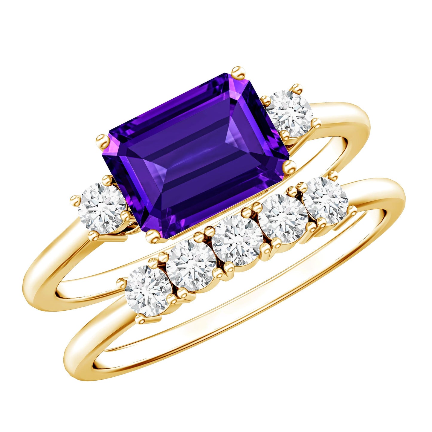Octagon Cut Amethyst Contemporary Wedding Ring Set with Diamond