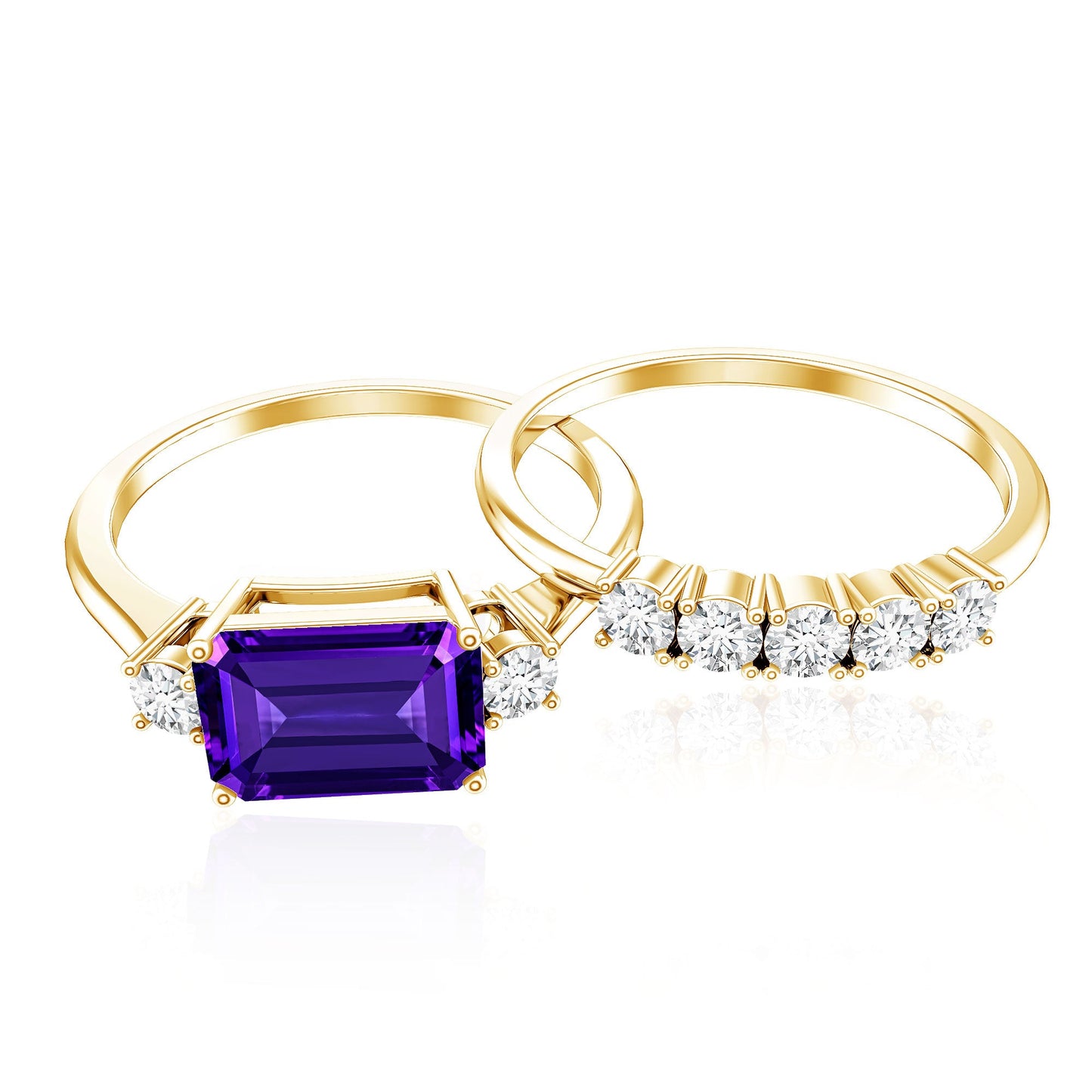 Octagon Cut Amethyst Contemporary Wedding Ring Set with Diamond