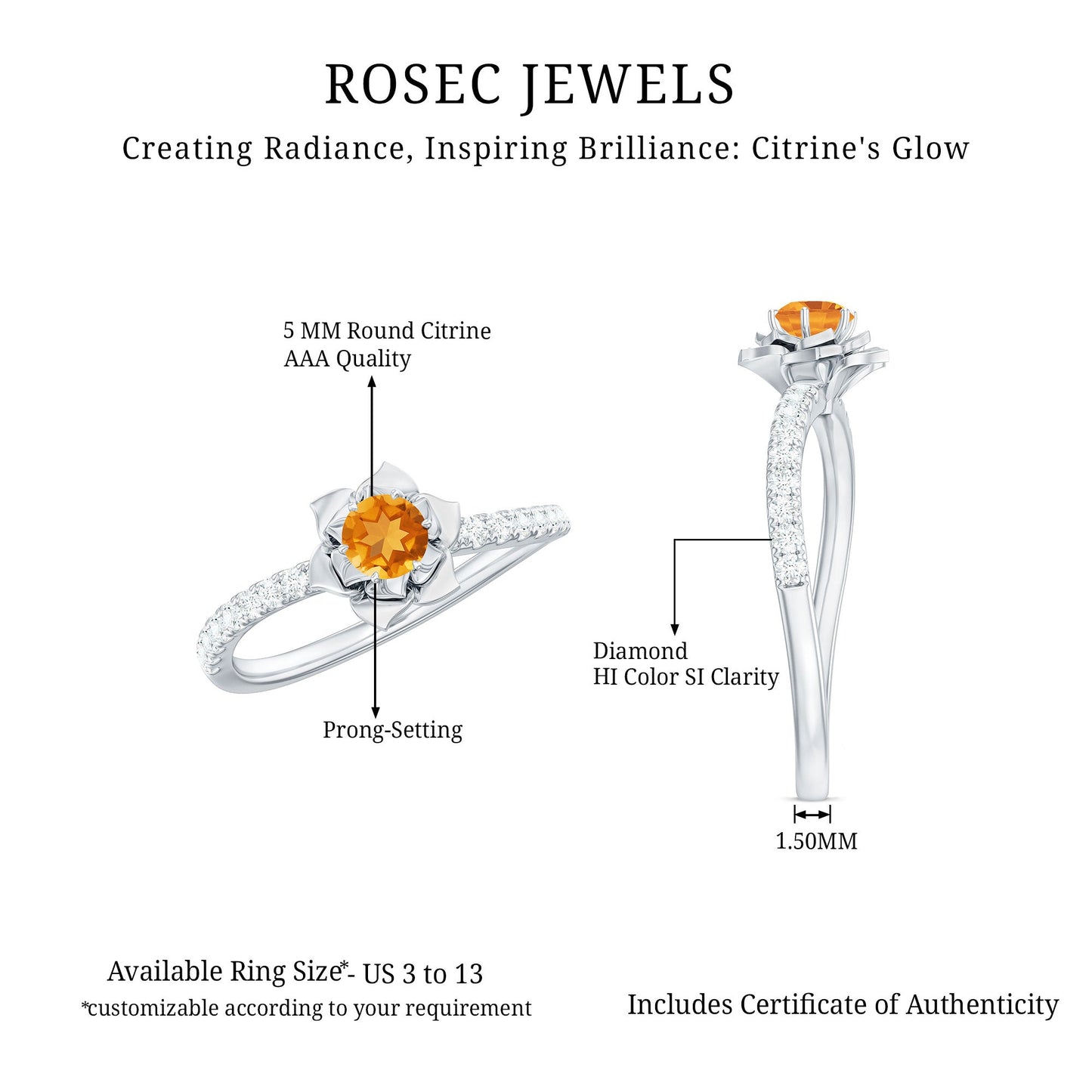 Certified Real Citrine Flower Engagement Ring with Diamond