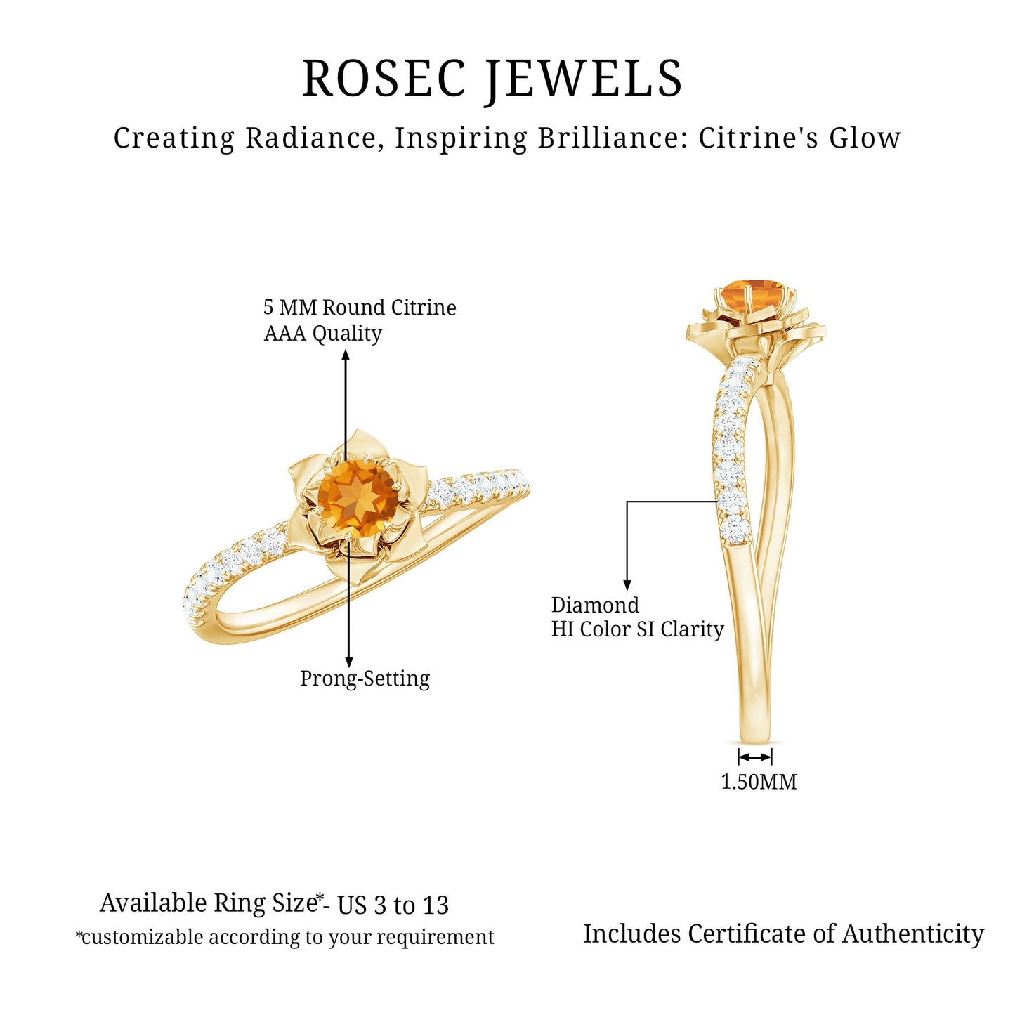 Certified Real Citrine Flower Engagement Ring with Diamond