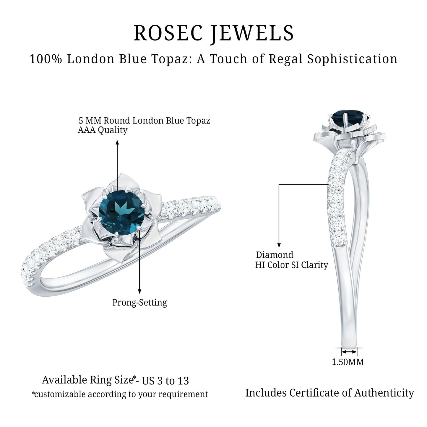 5mm Round London Blue Topaz Floral Engagement Ring with Diamond