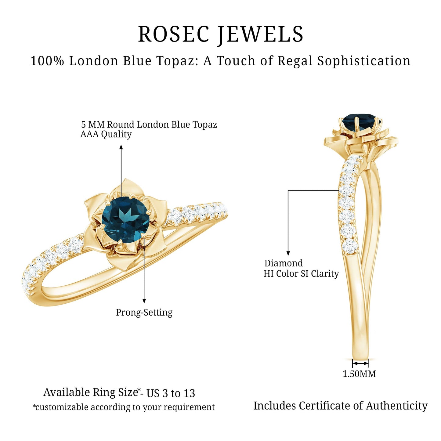 5mm Round London Blue Topaz Floral Engagement Ring with Diamond