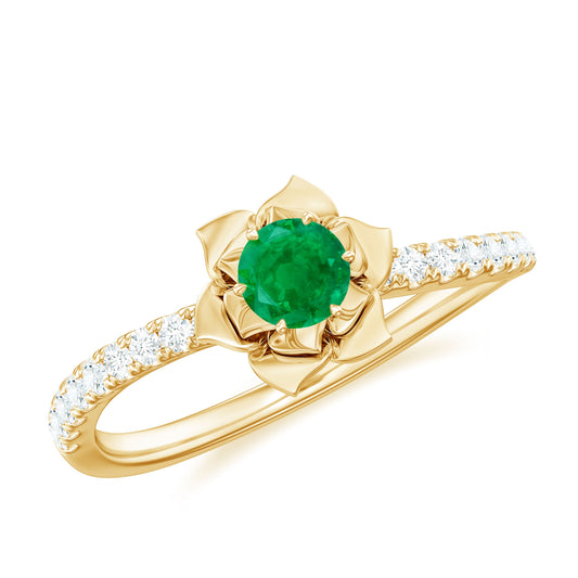 Genuine Emerald Flower Engagement Ring with Diamond