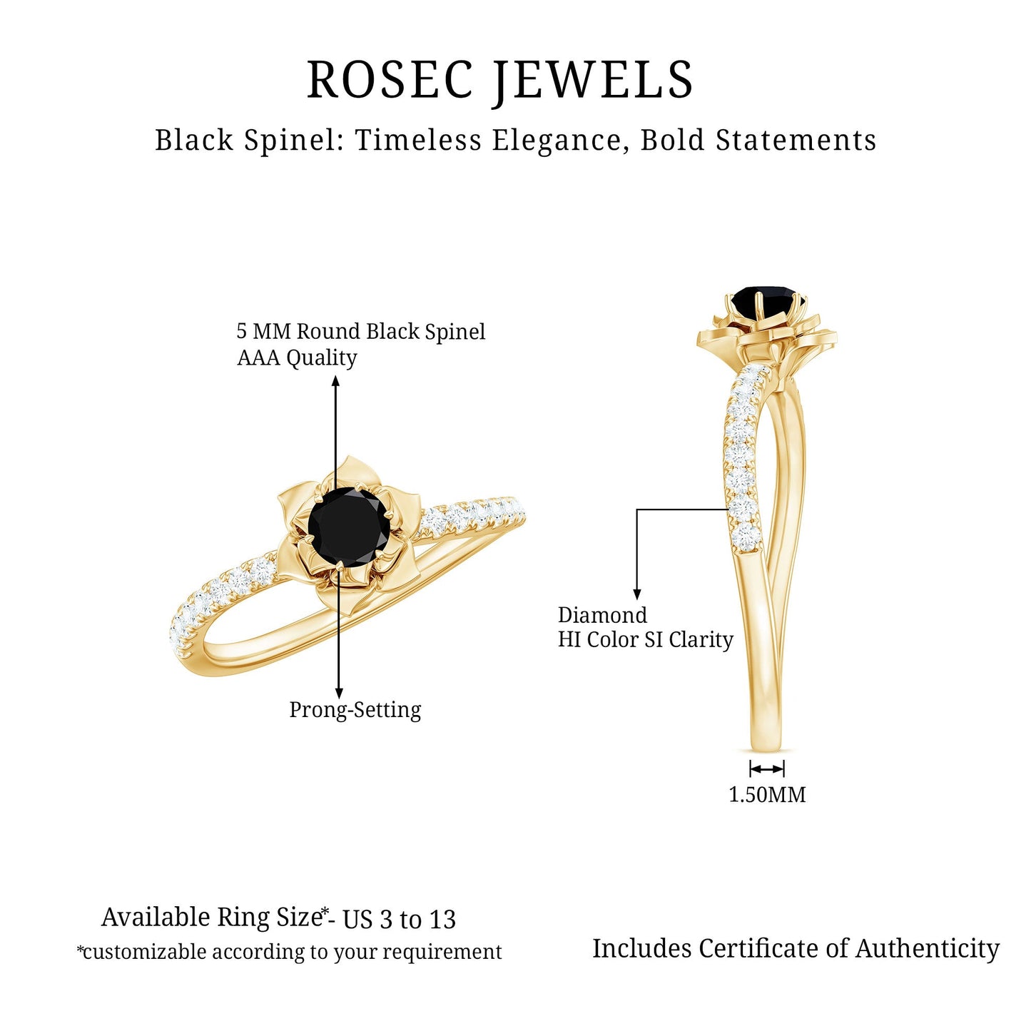 Certified Real Black Spinel Flower Engagement Ring with Diamond