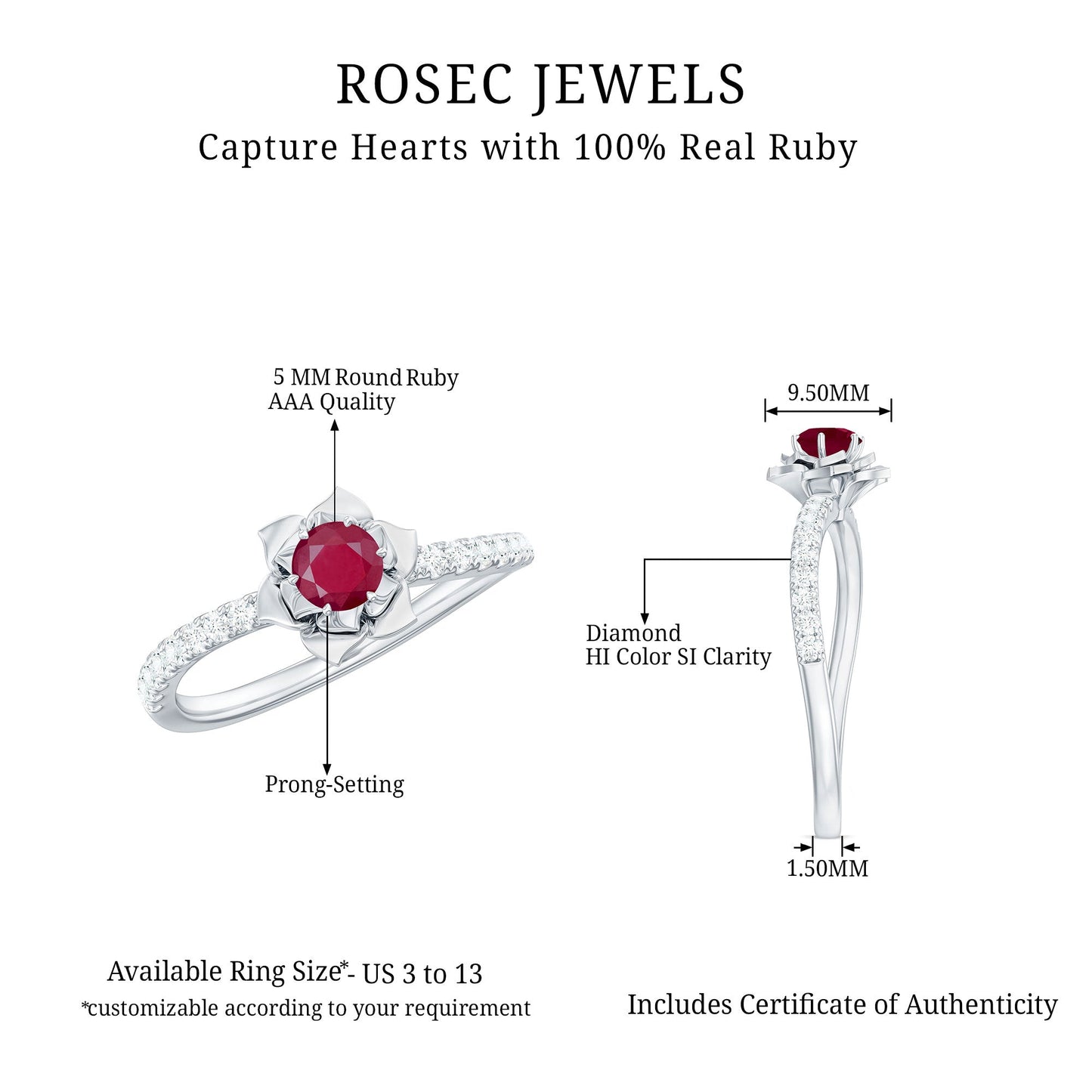 Natural 0.6 Carat Ruby Flower Engagement Ring with Diamond