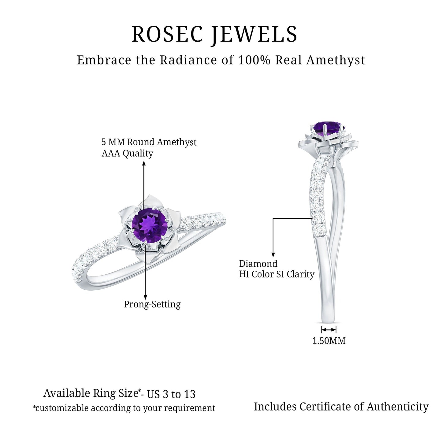 Floral Inspired Amethyst Rose Engagement Ring with Diamond