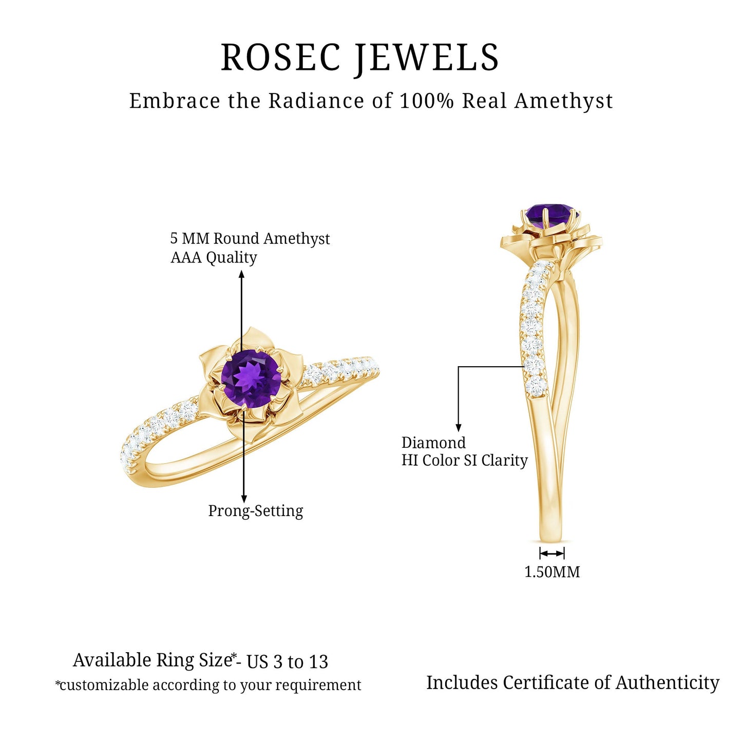 Floral Inspired Amethyst Rose Engagement Ring with Diamond