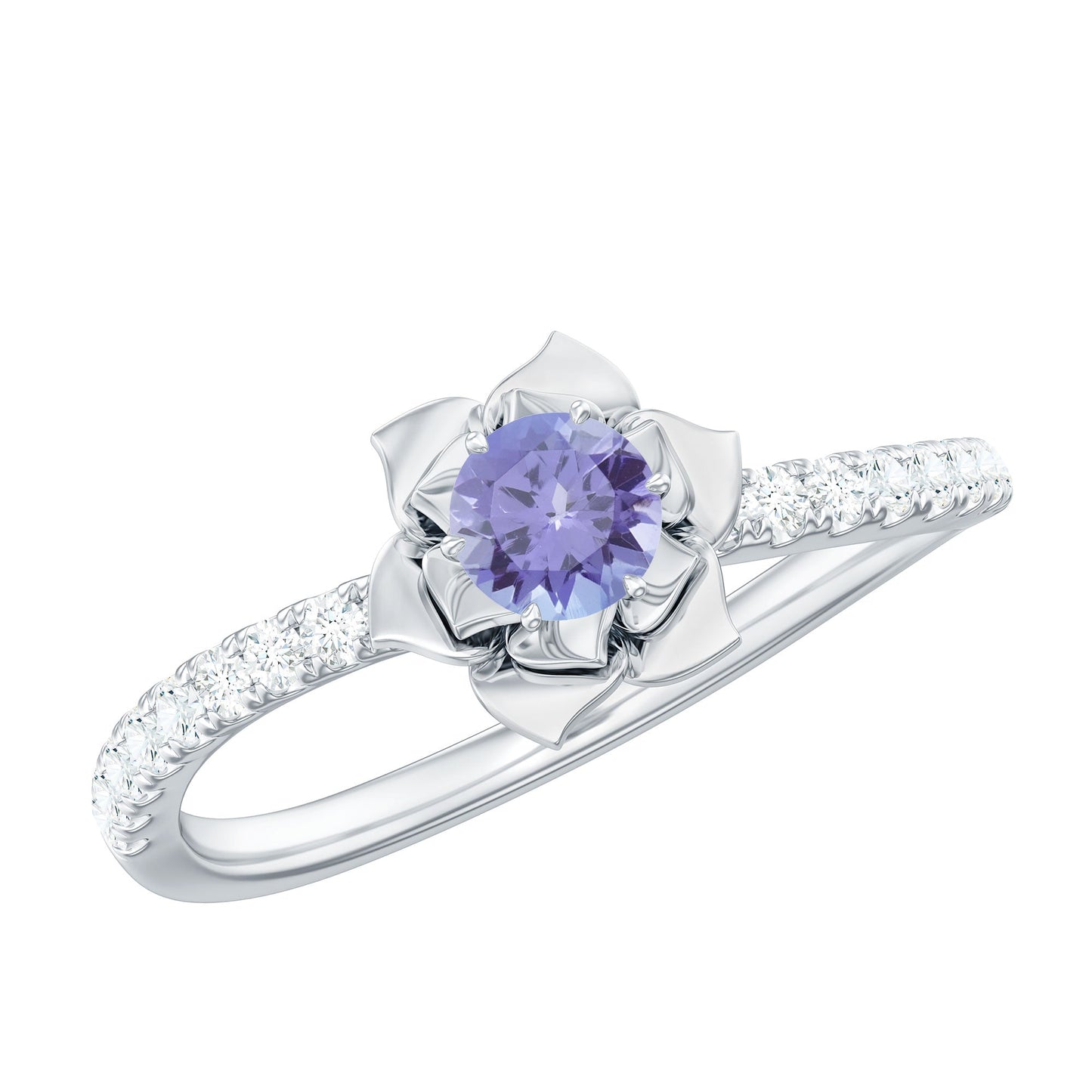 Genuine Tanzanite Rose Flower Engagement Ring with Diamond Curved Shank