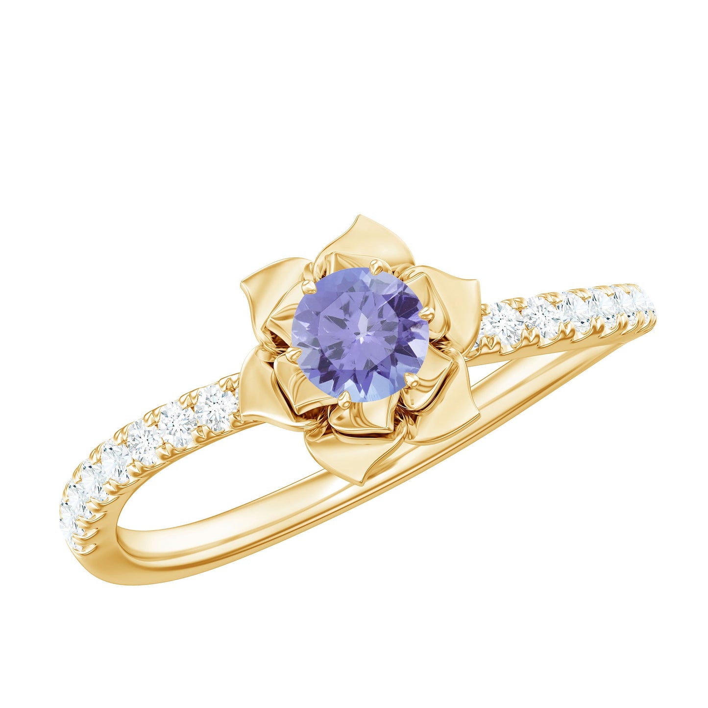 Genuine Tanzanite Rose Flower Engagement Ring with Diamond Curved Shank