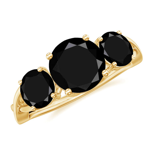 Genuine Black Onyx Three Stone Engagement Ring with Crossover Band