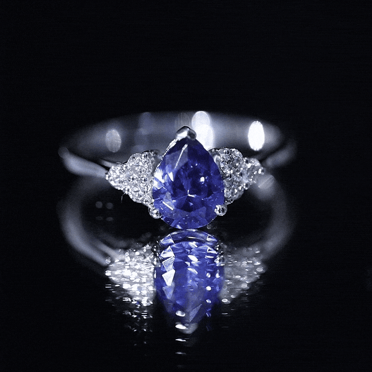6X8 MM lab Blue Sapphire Teardrop Engagement Ring with Diamond Trio
