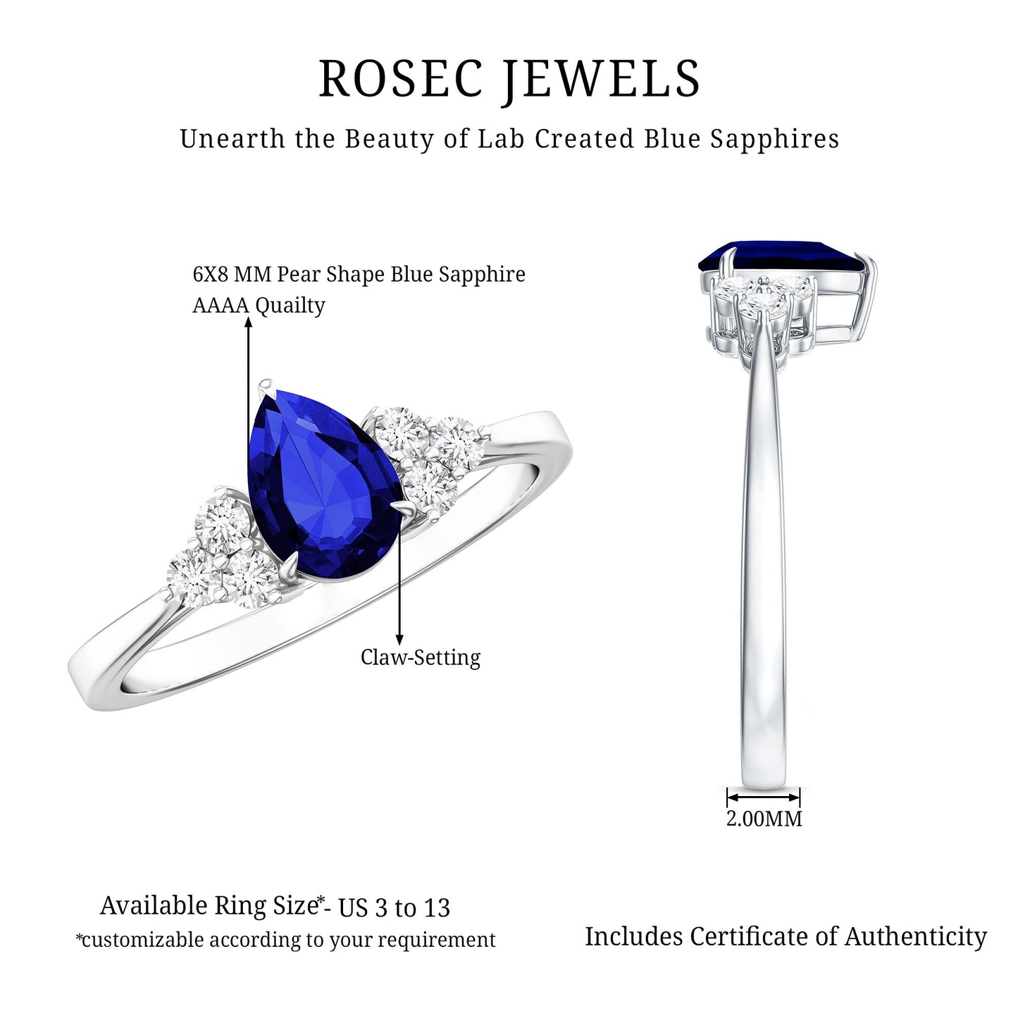 6X8 MM lab Blue Sapphire Teardrop Engagement Ring with Diamond Trio