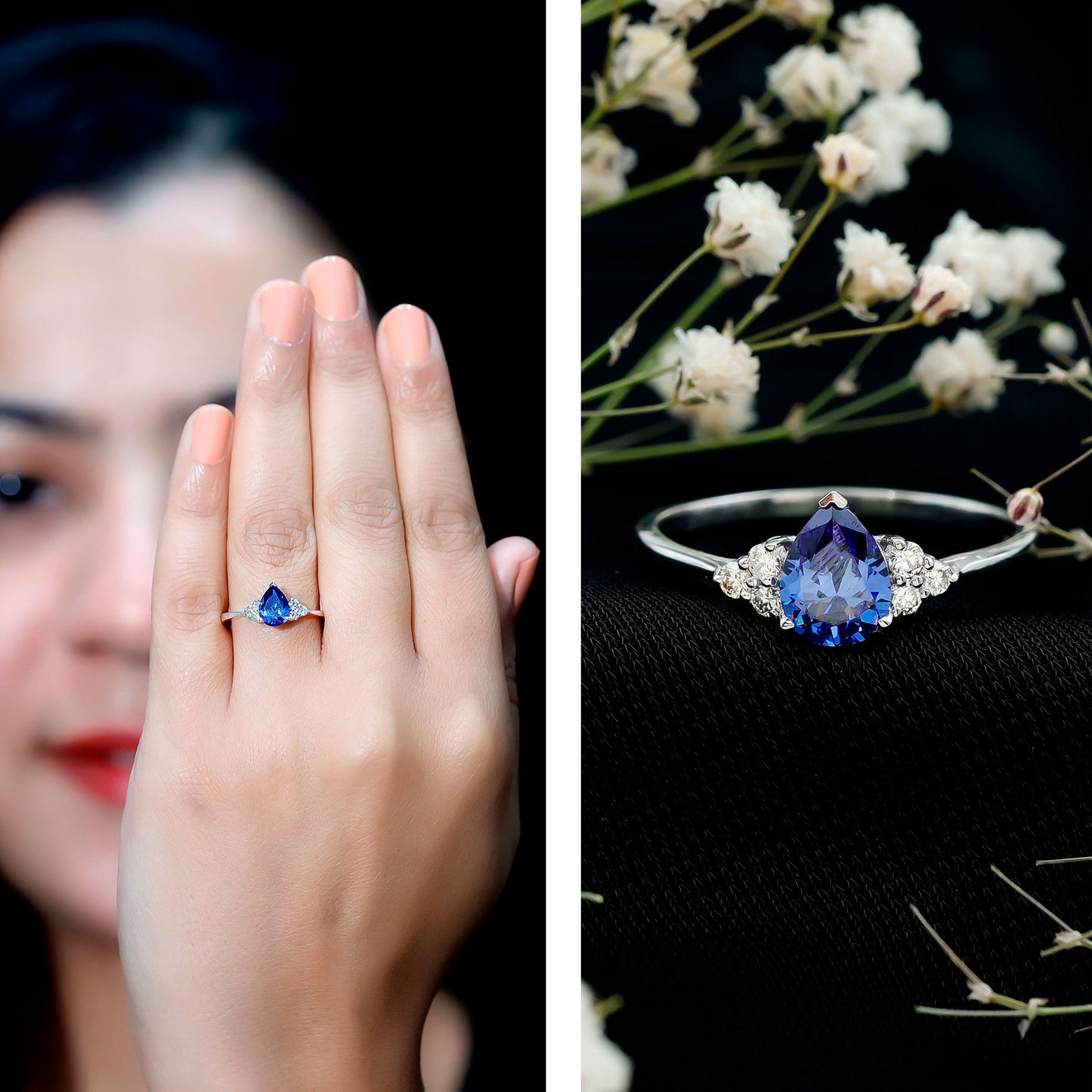 6X8 MM lab Blue Sapphire Teardrop Engagement Ring with Diamond Trio