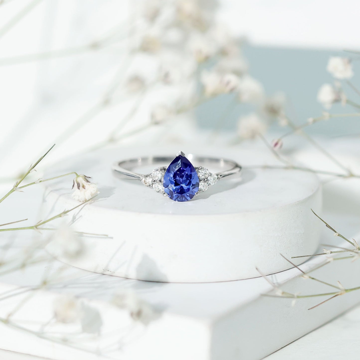6X8 MM lab Blue Sapphire Teardrop Engagement Ring with Diamond Trio
