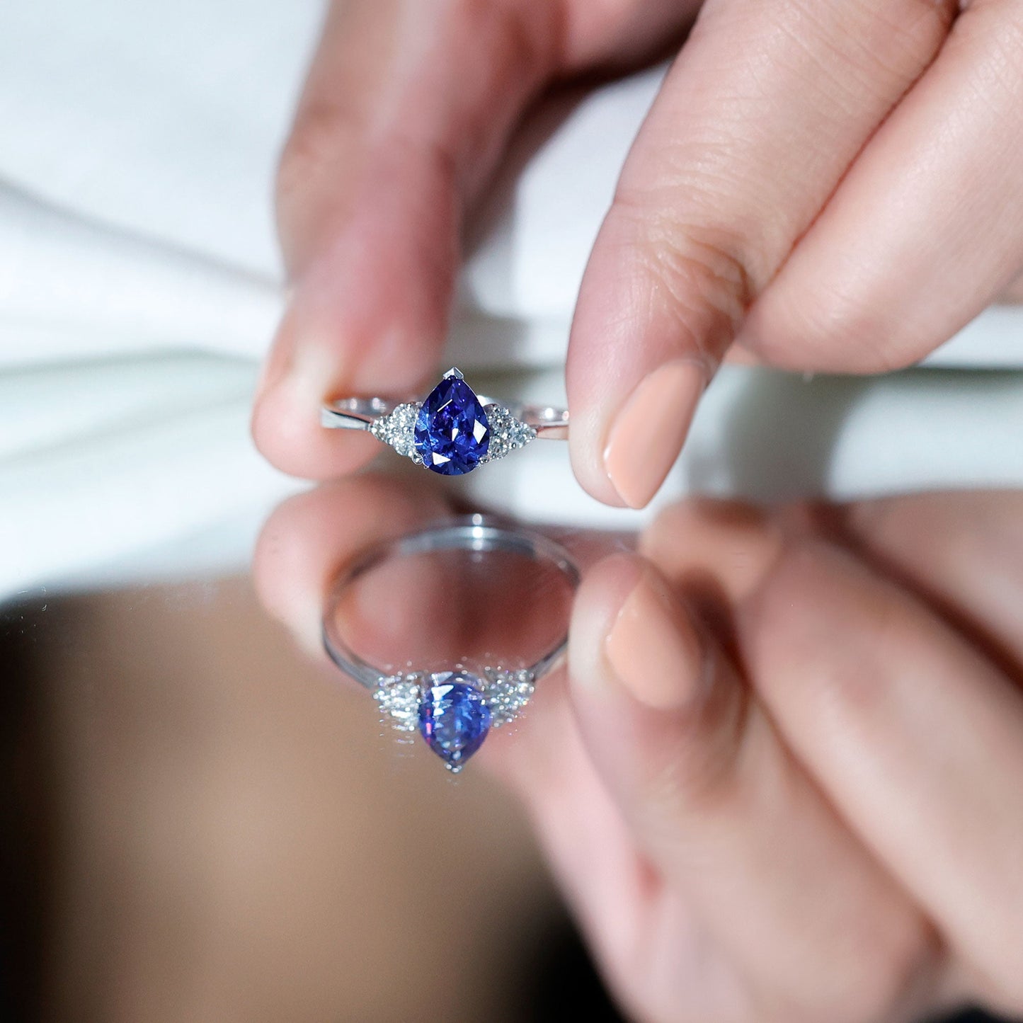 6X8 MM lab Blue Sapphire Teardrop Engagement Ring with Diamond Trio