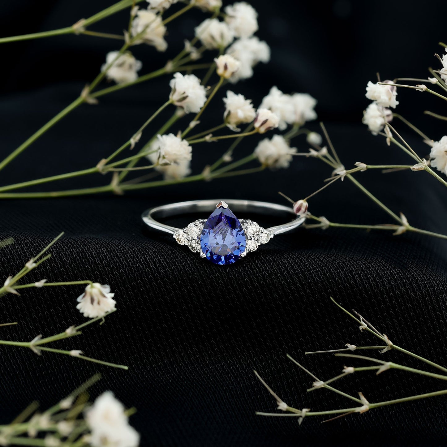 6X8 MM lab Blue Sapphire Teardrop Engagement Ring with Diamond Trio