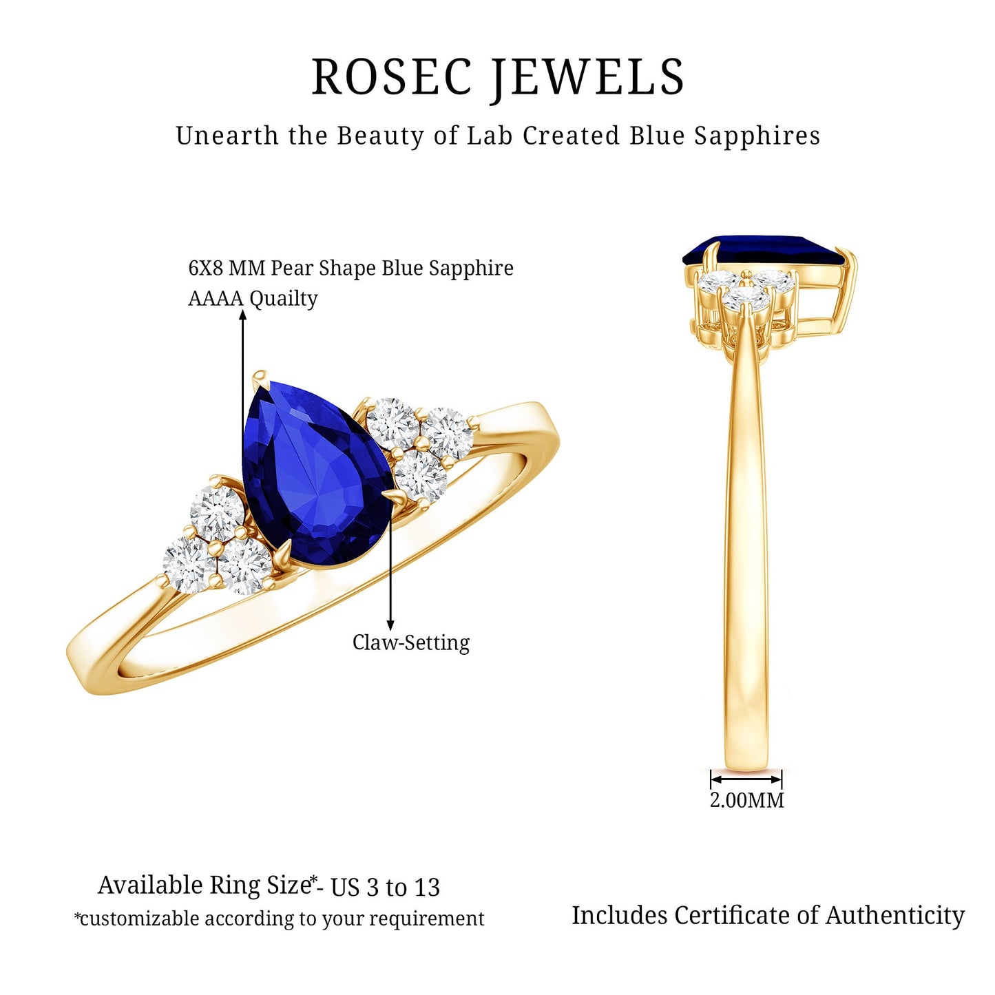 6X8 MM lab Blue Sapphire Teardrop Engagement Ring with Diamond Trio