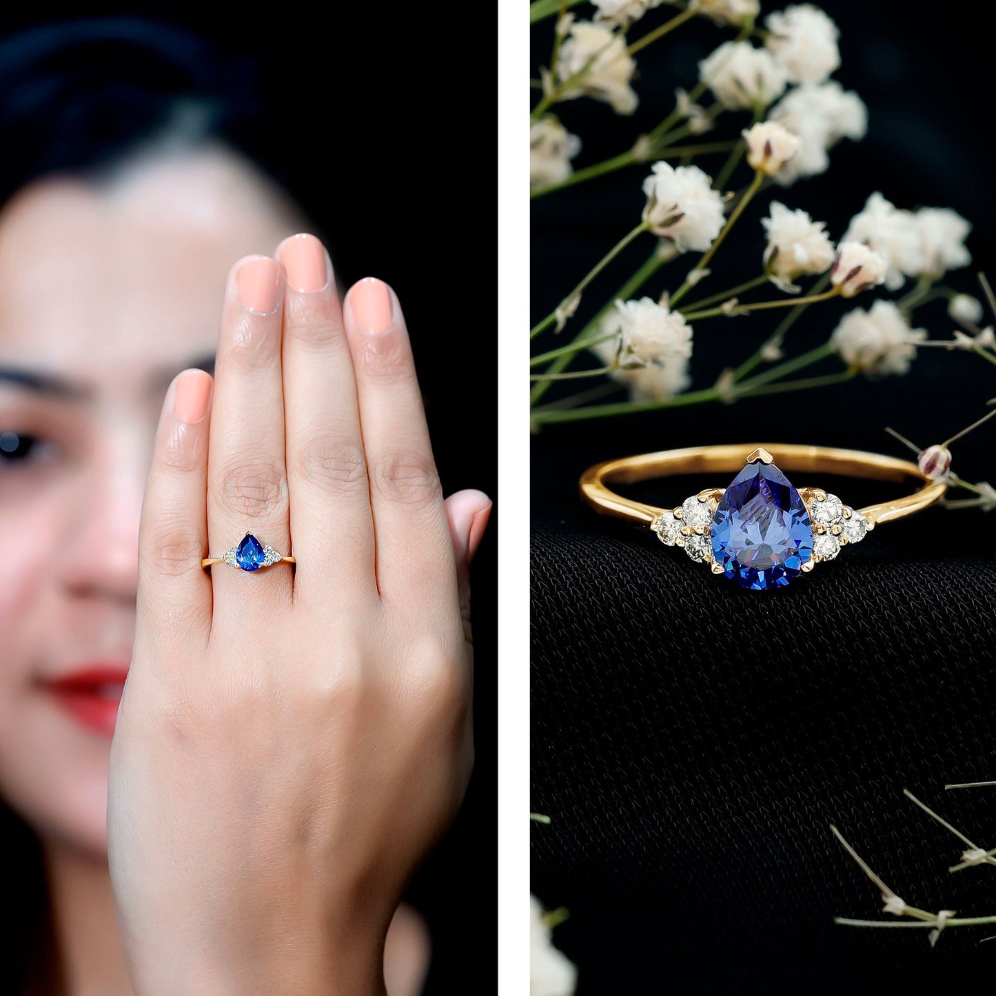 6X8 MM lab Blue Sapphire Teardrop Engagement Ring with Diamond Trio
