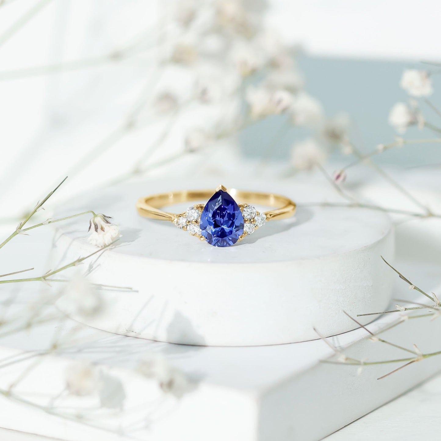 6X8 MM lab Blue Sapphire Teardrop Engagement Ring with Diamond Trio