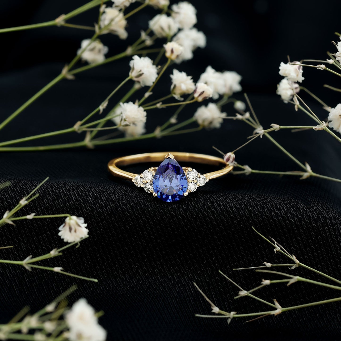 6X8 MM lab Blue Sapphire Teardrop Engagement Ring with Diamond Trio
