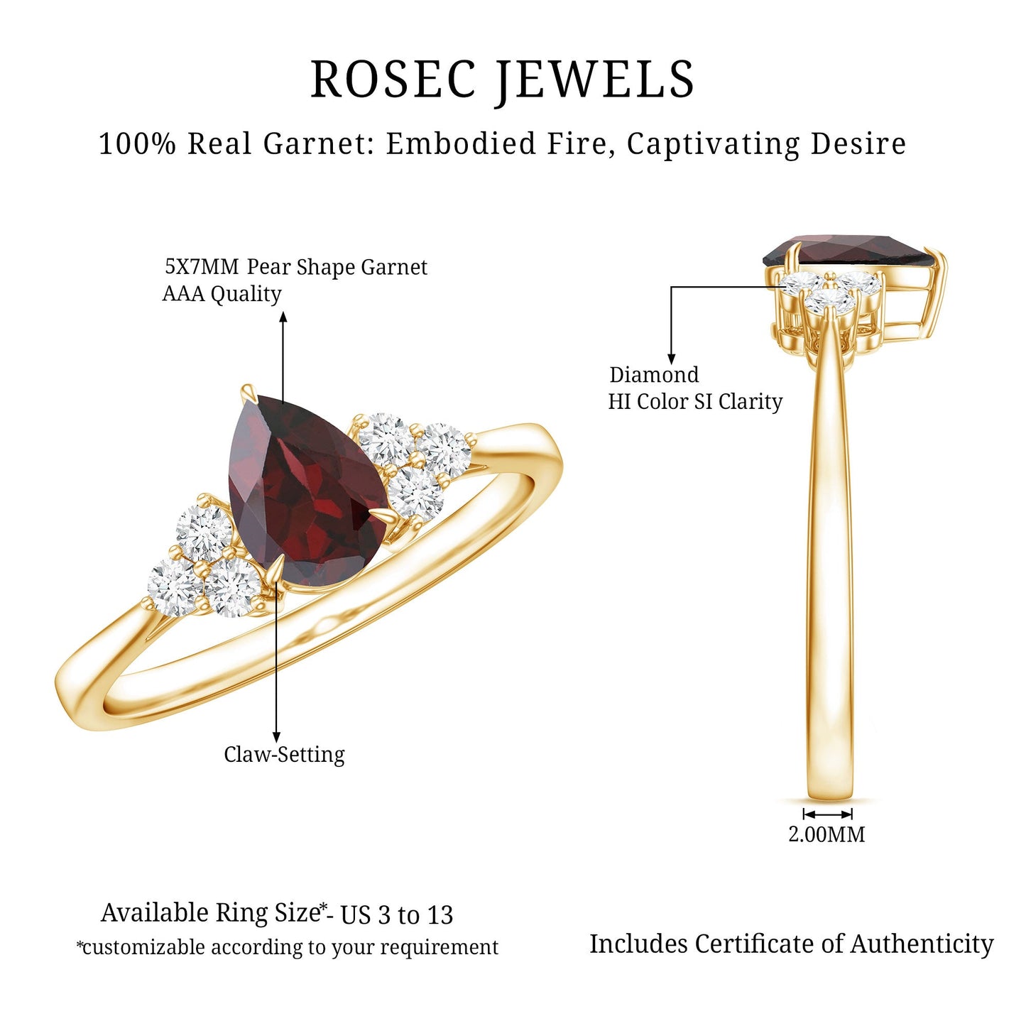 Natural 5X7mm Pear Shape Garnet Engagement Ring with Diamond