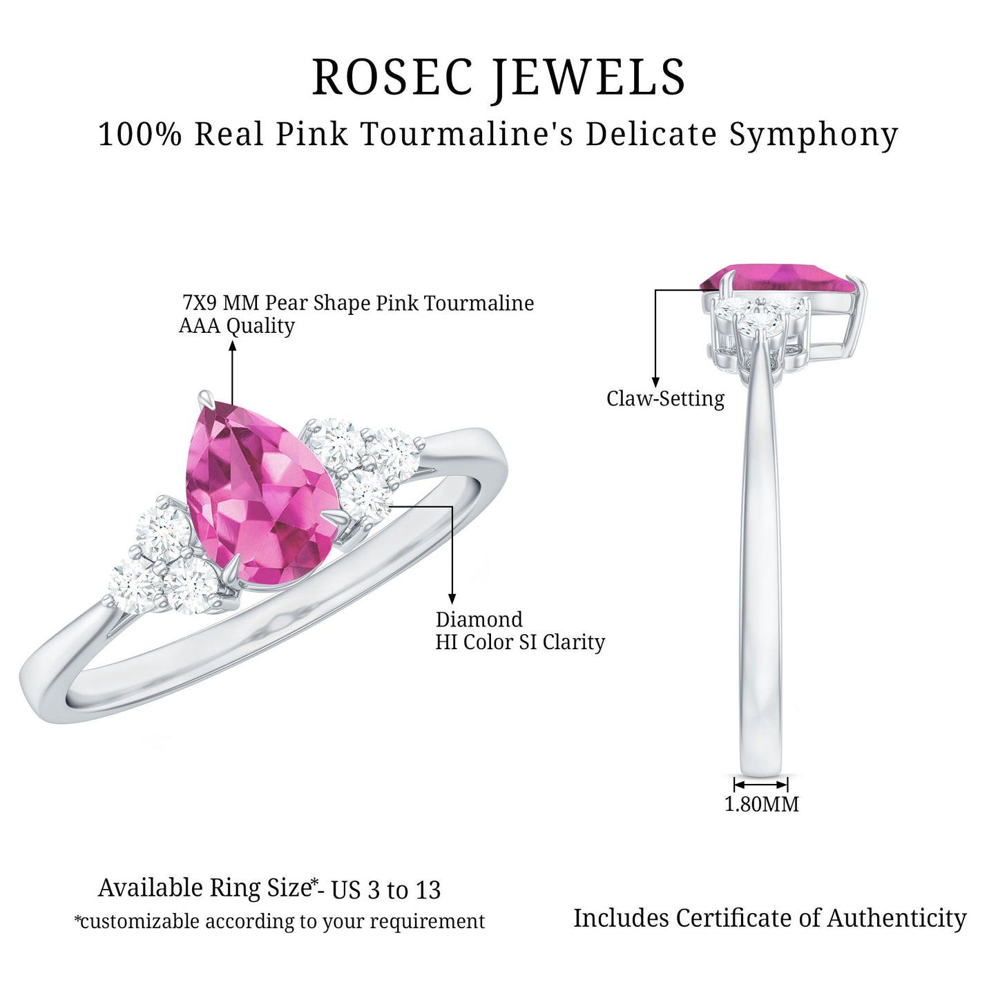 3/4 CT Natural Pink Tourmaline Teardrop Solitaire Ring with Diamond Trio