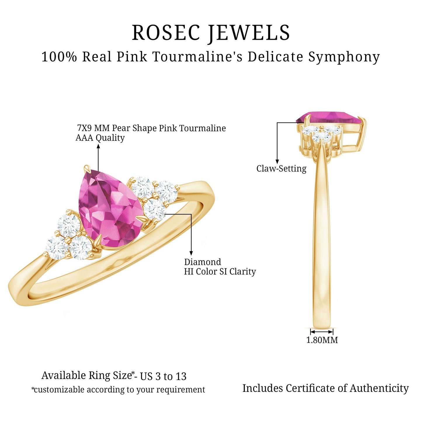 3/4 CT Natural Pink Tourmaline Teardrop Solitaire Ring with Diamond Trio