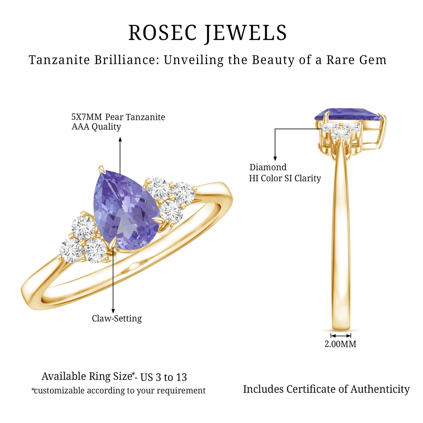 Pear Shaped Tanzanite Solitaire Ring with Diamond Trio