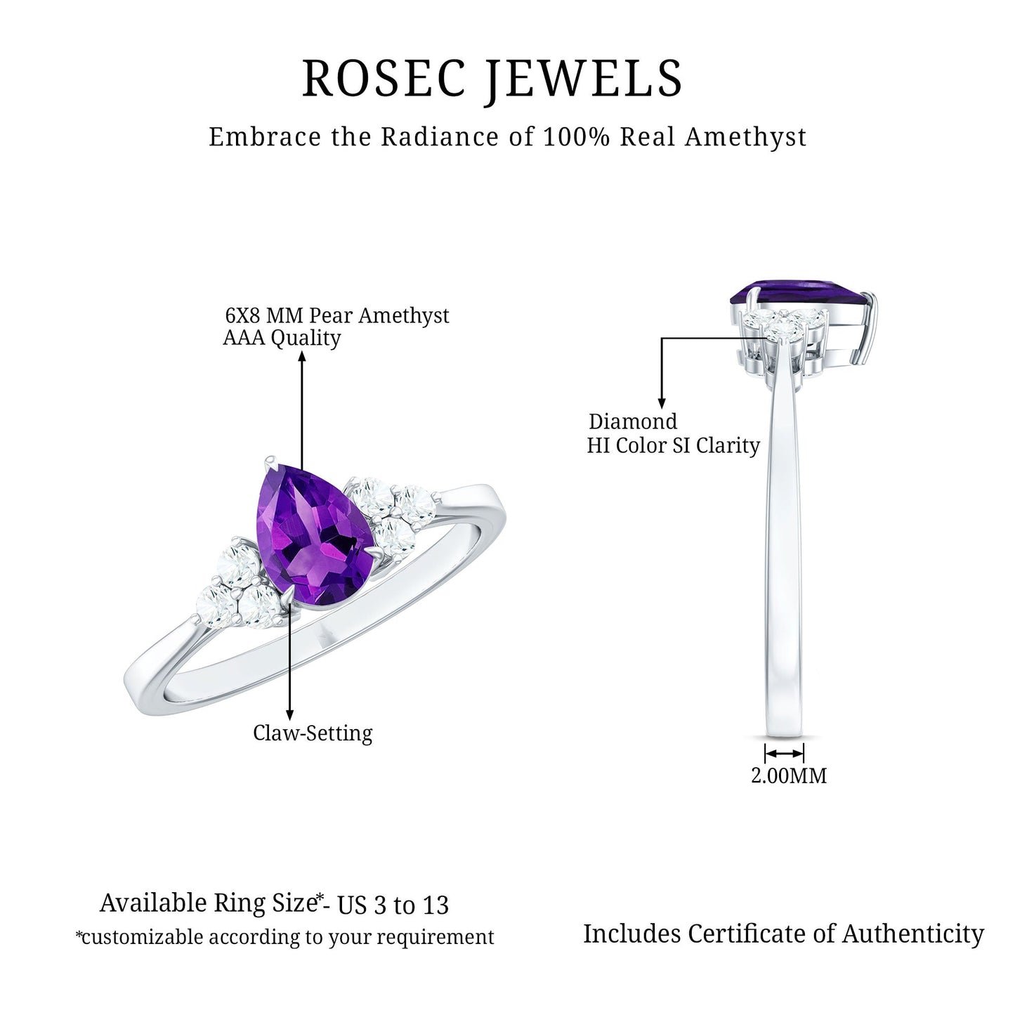 Pear Amethyst Solitaire Ring with Diamond Trio