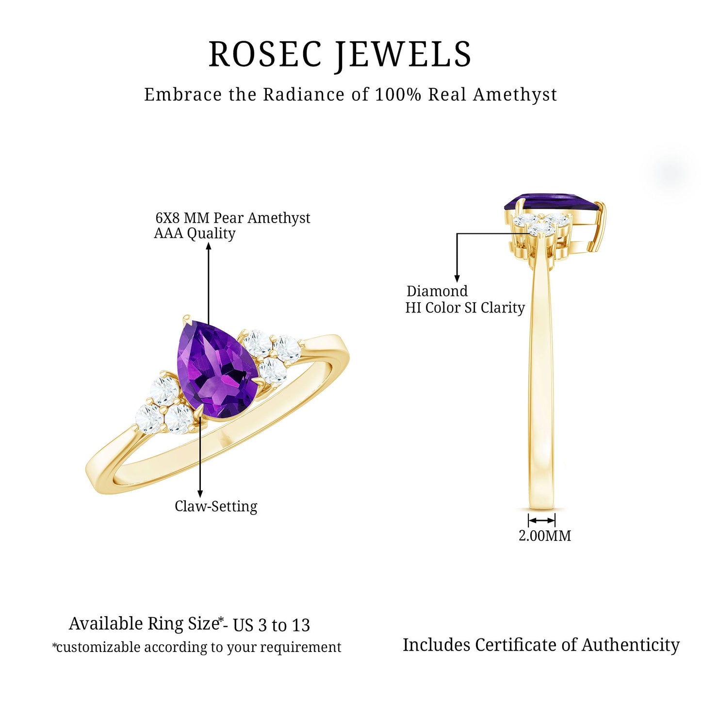 Pear Amethyst Solitaire Ring with Diamond Trio