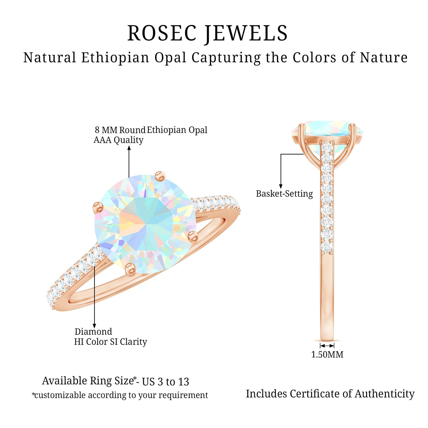 Real 8mm Ethiopian Opal Diamond Engagement Ring with Certificate