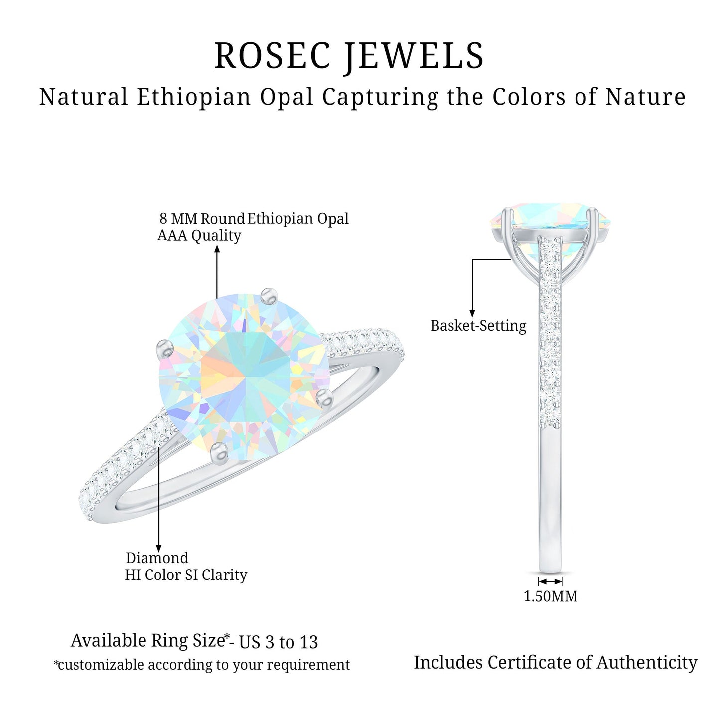 Real 8mm Ethiopian Opal Diamond Engagement Ring with Certificate
