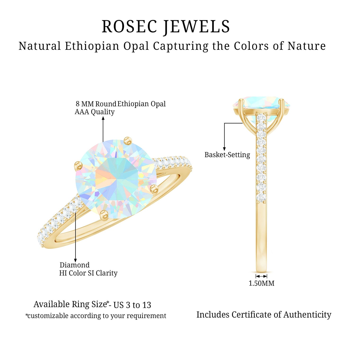 Real 8mm Ethiopian Opal Diamond Engagement Ring with Certificate