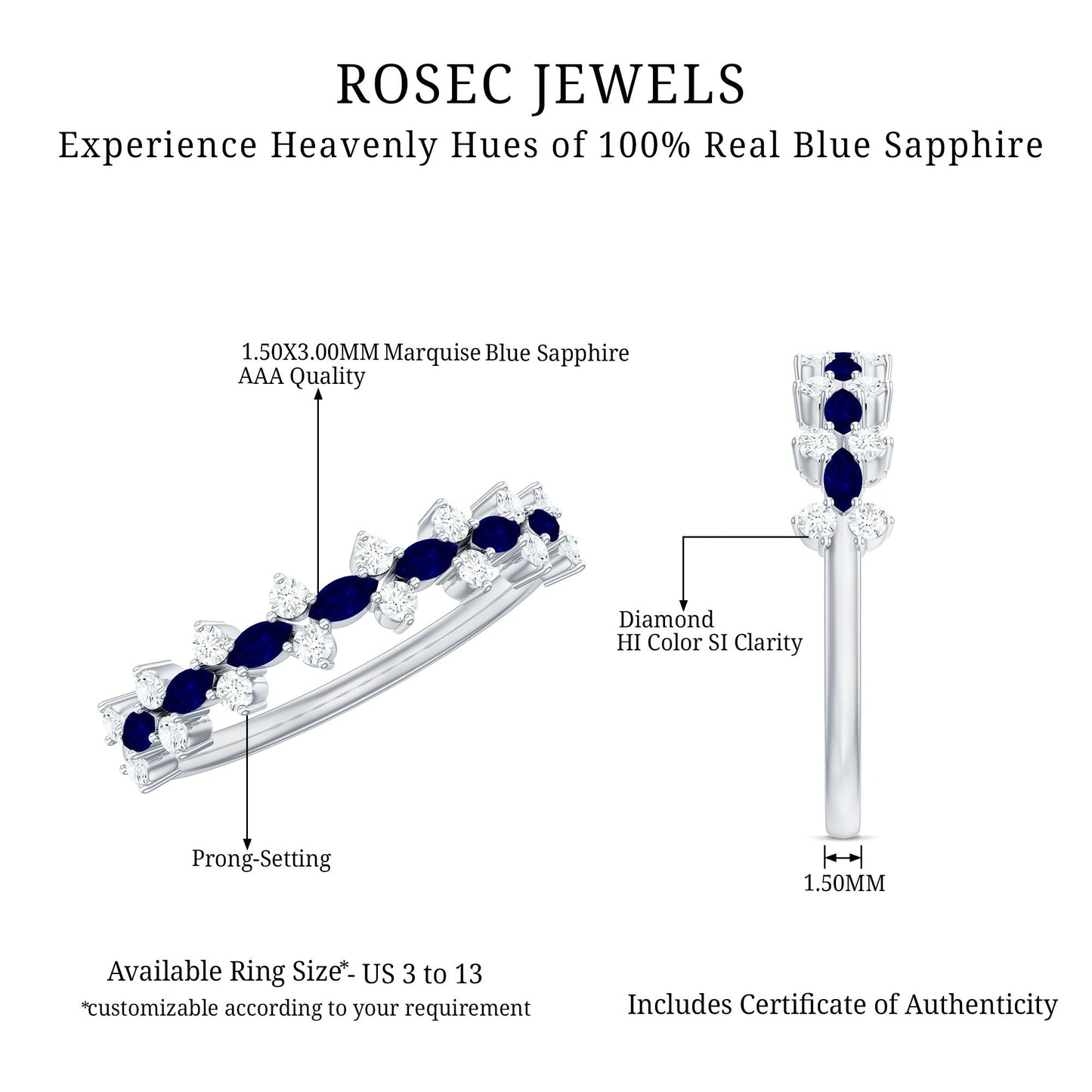 Classic Blue Sapphire and Diamond Half Eternity Ring