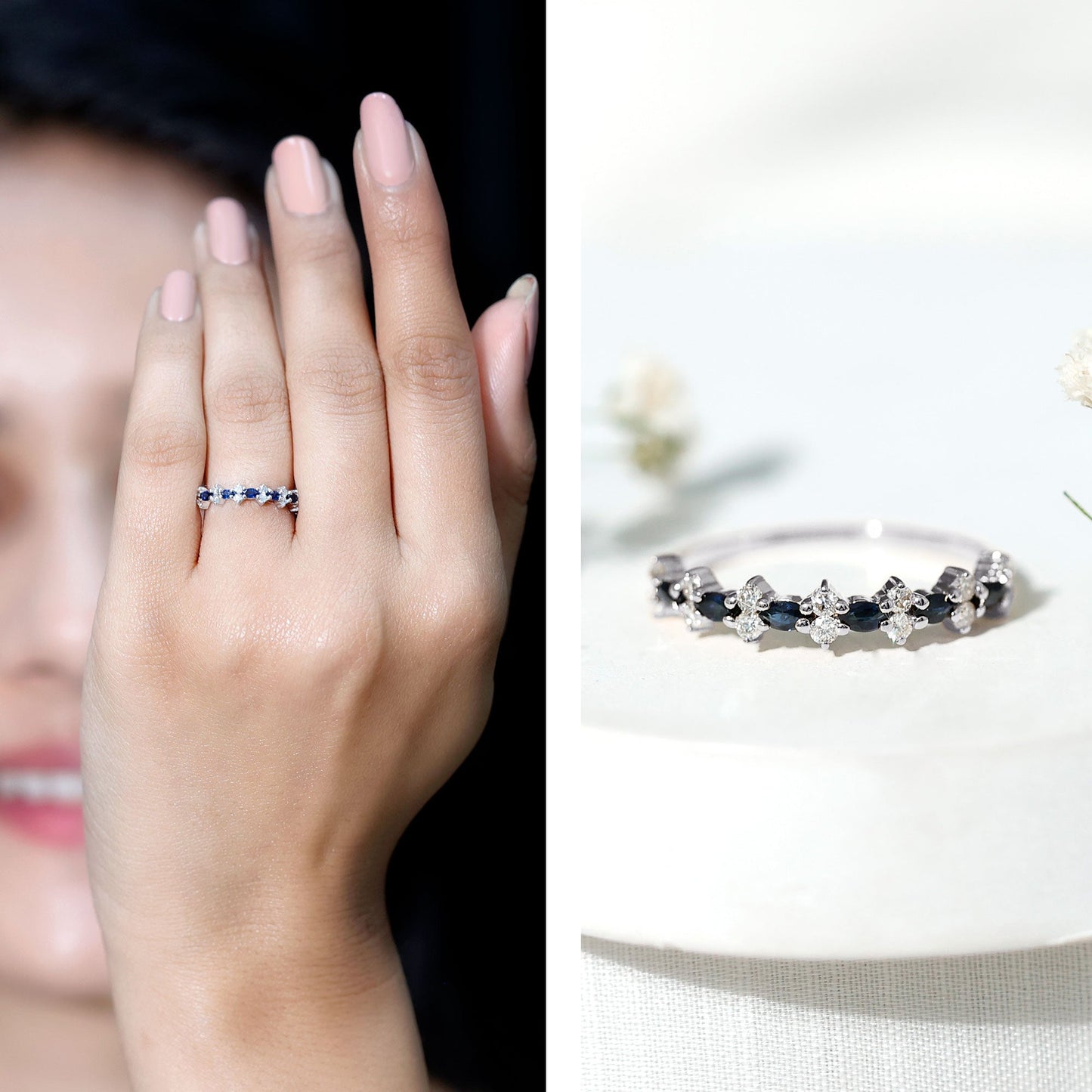 Classic Blue Sapphire and Diamond Half Eternity Ring