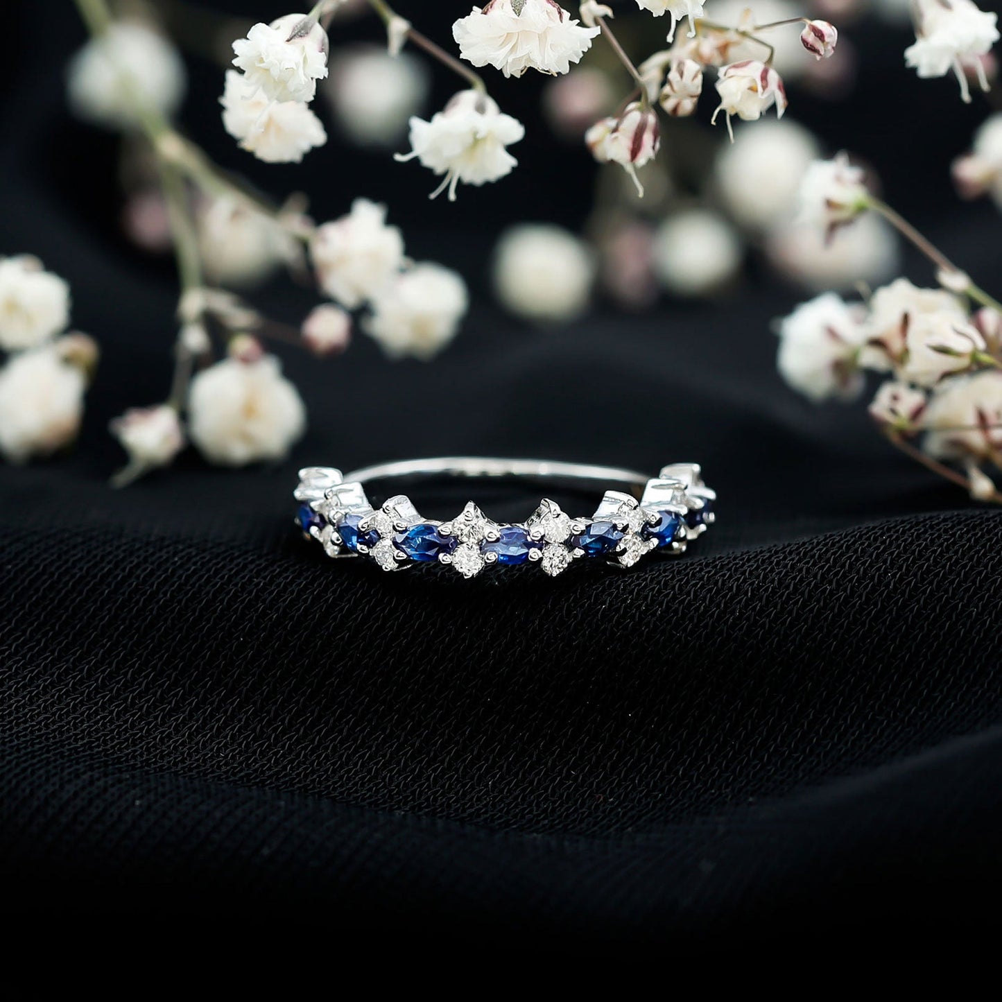 Classic Blue Sapphire and Diamond Half Eternity Ring