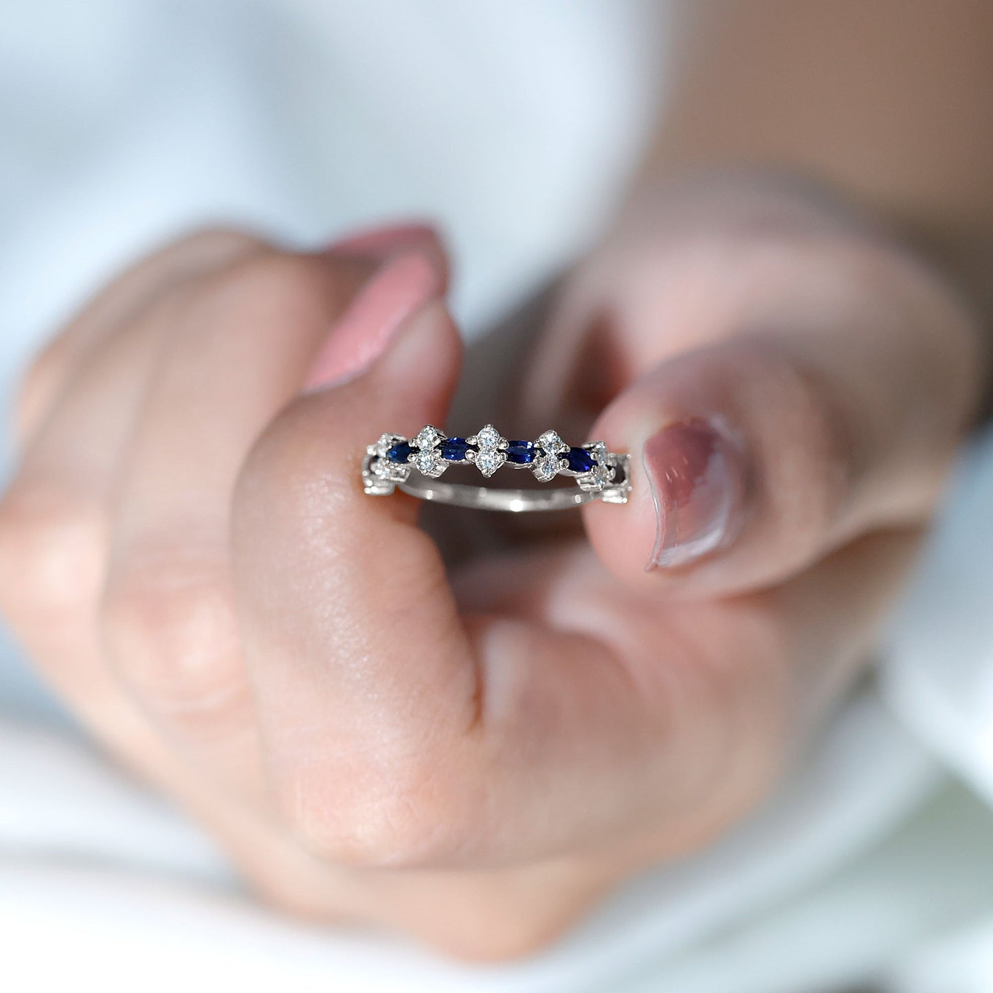 Classic Blue Sapphire and Diamond Half Eternity Ring