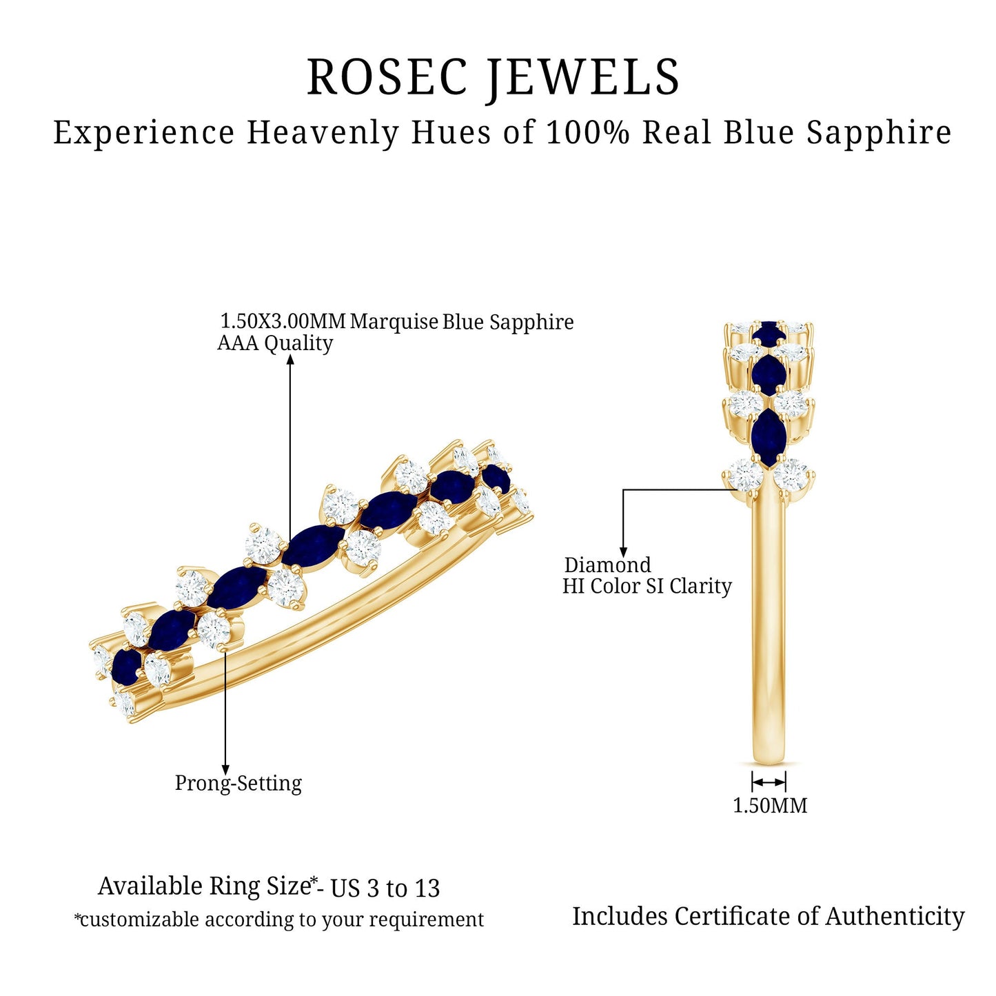 Classic Blue Sapphire and Diamond Half Eternity Ring