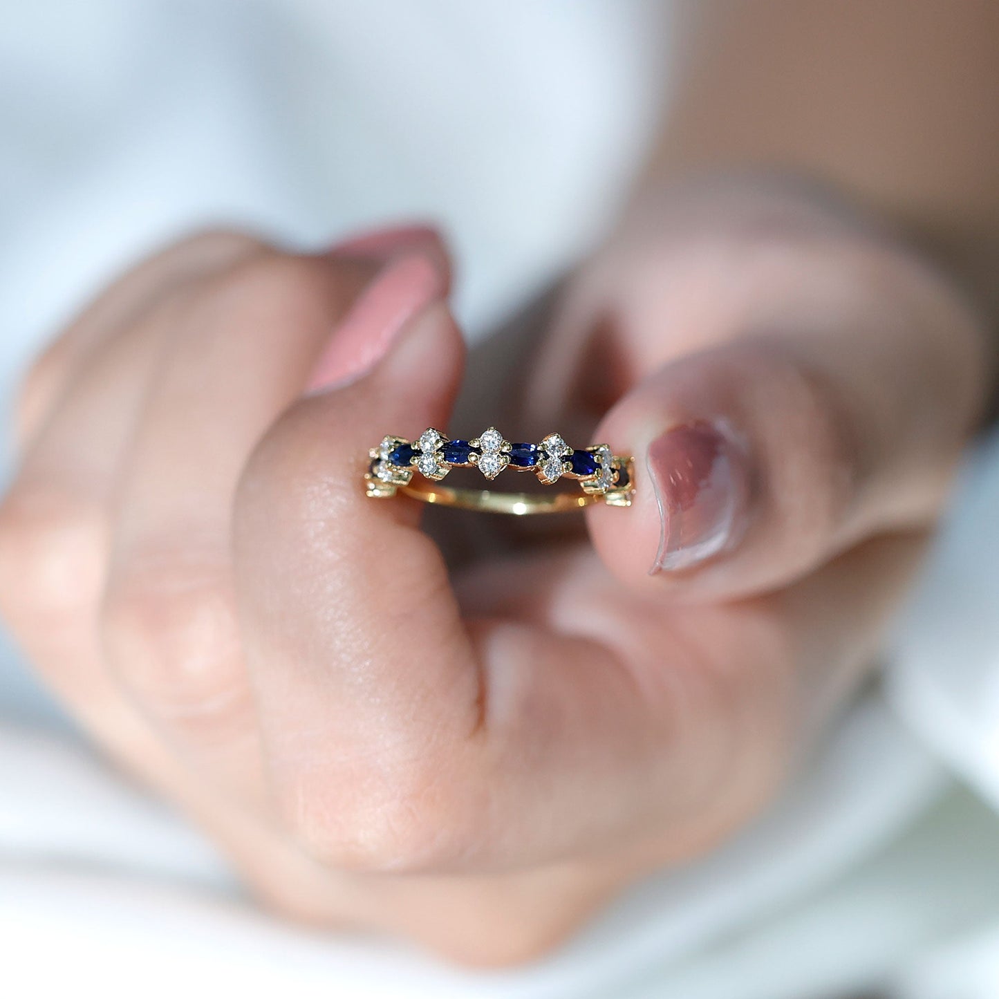 Classic Blue Sapphire and Diamond Half Eternity Ring